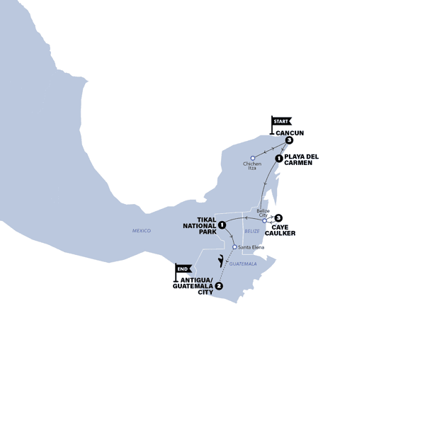 Mexico, Belize and Guatemala Experience route map