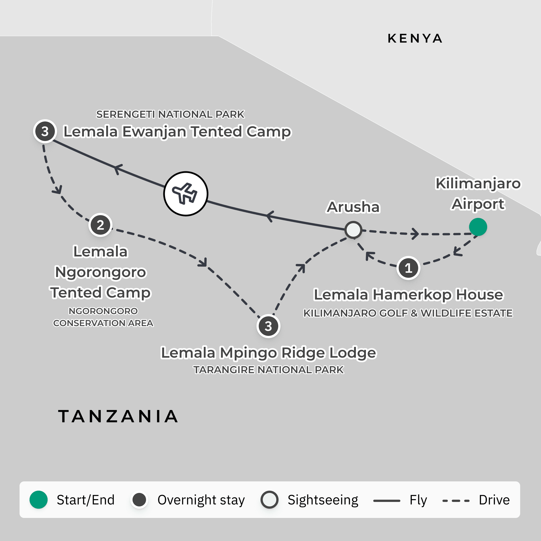 Tanzania: Exclusive Luxury Safari with All-Inclusive Lemala Lodge Stays & Unlimited Game Drives route map