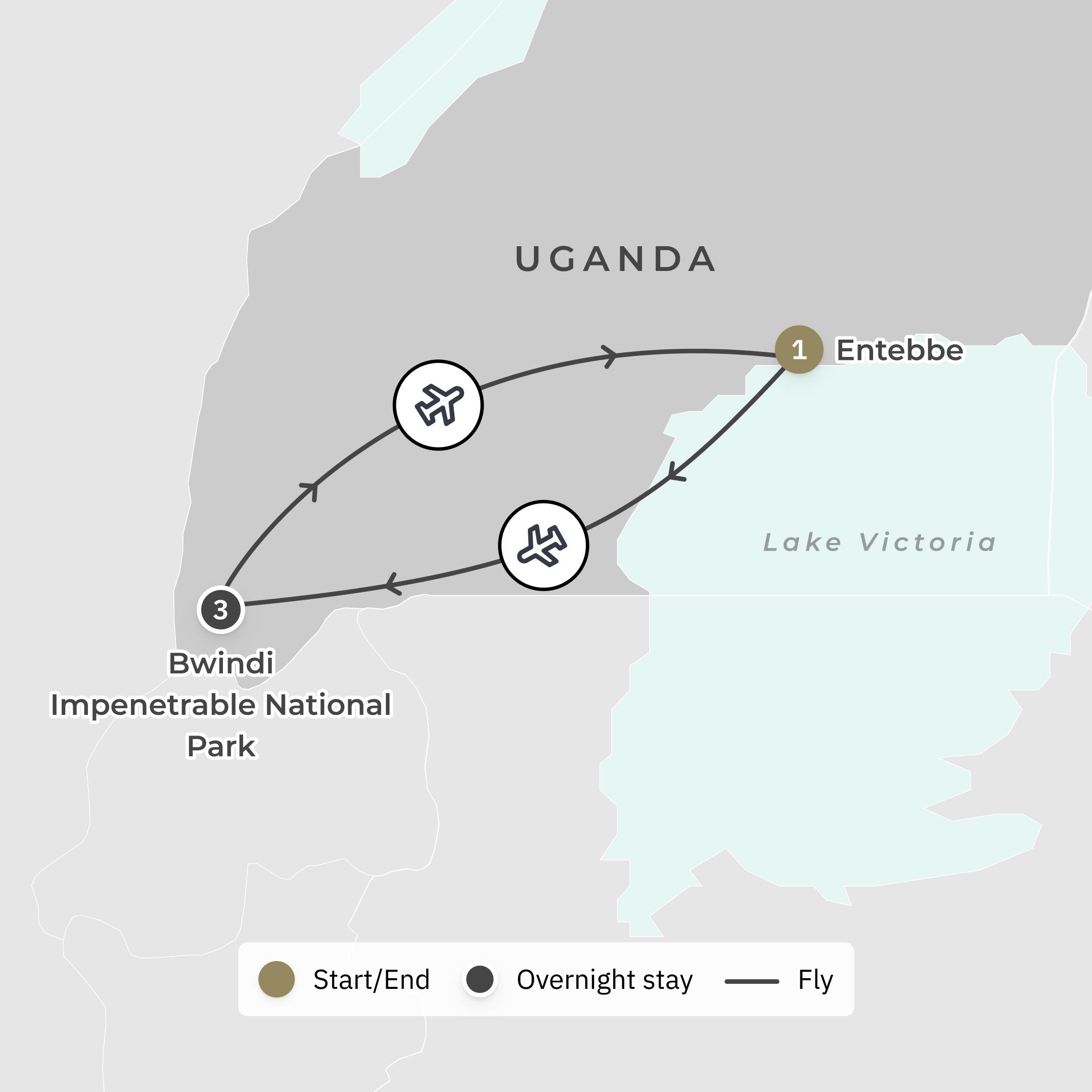 Ultra Lux 5-Day Uganda Private Fly-In Safari with Bwindi National Park & Gorilla Treks route map