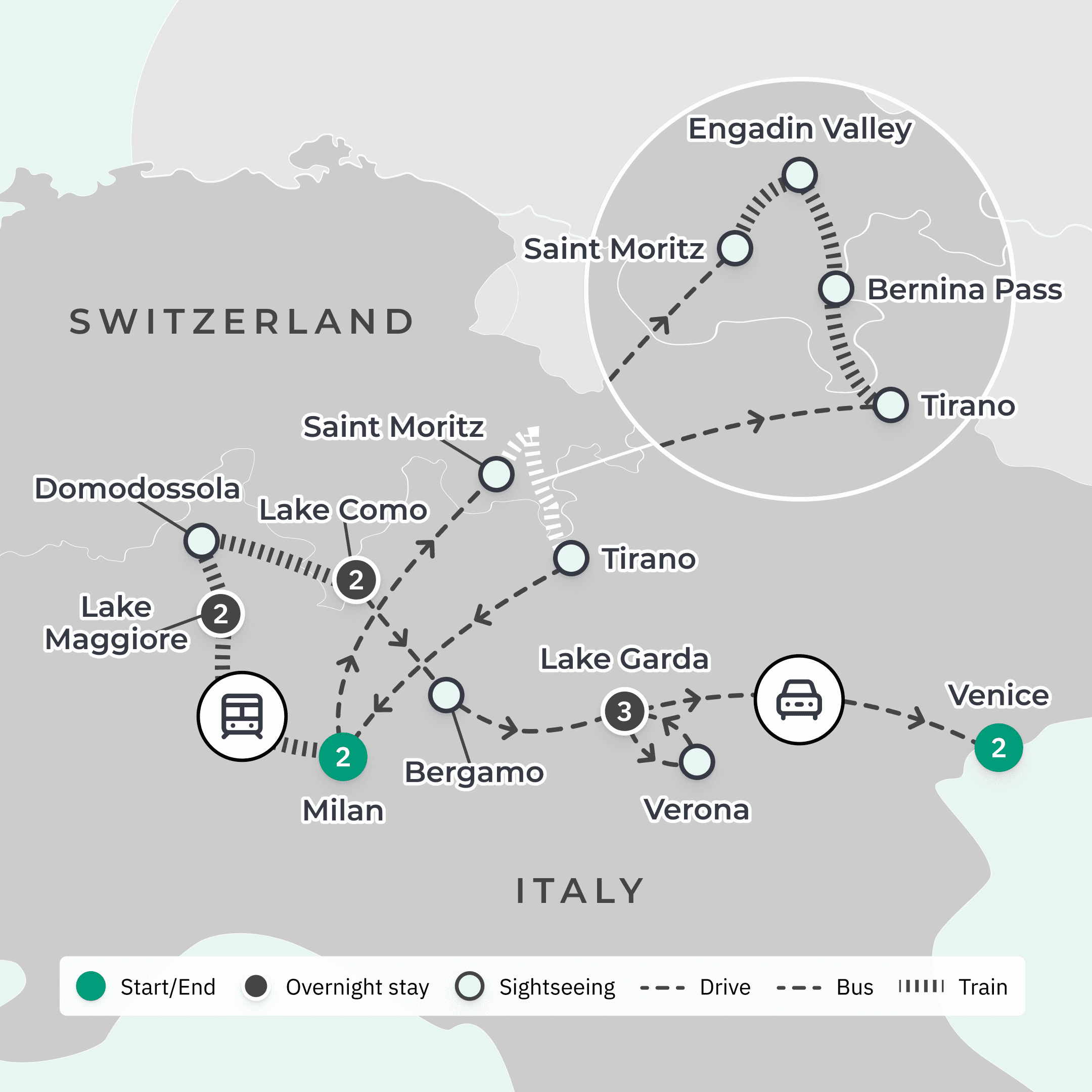 Northern Italian Lakes Discovery with Scenic Swiss Rail Journeys route map