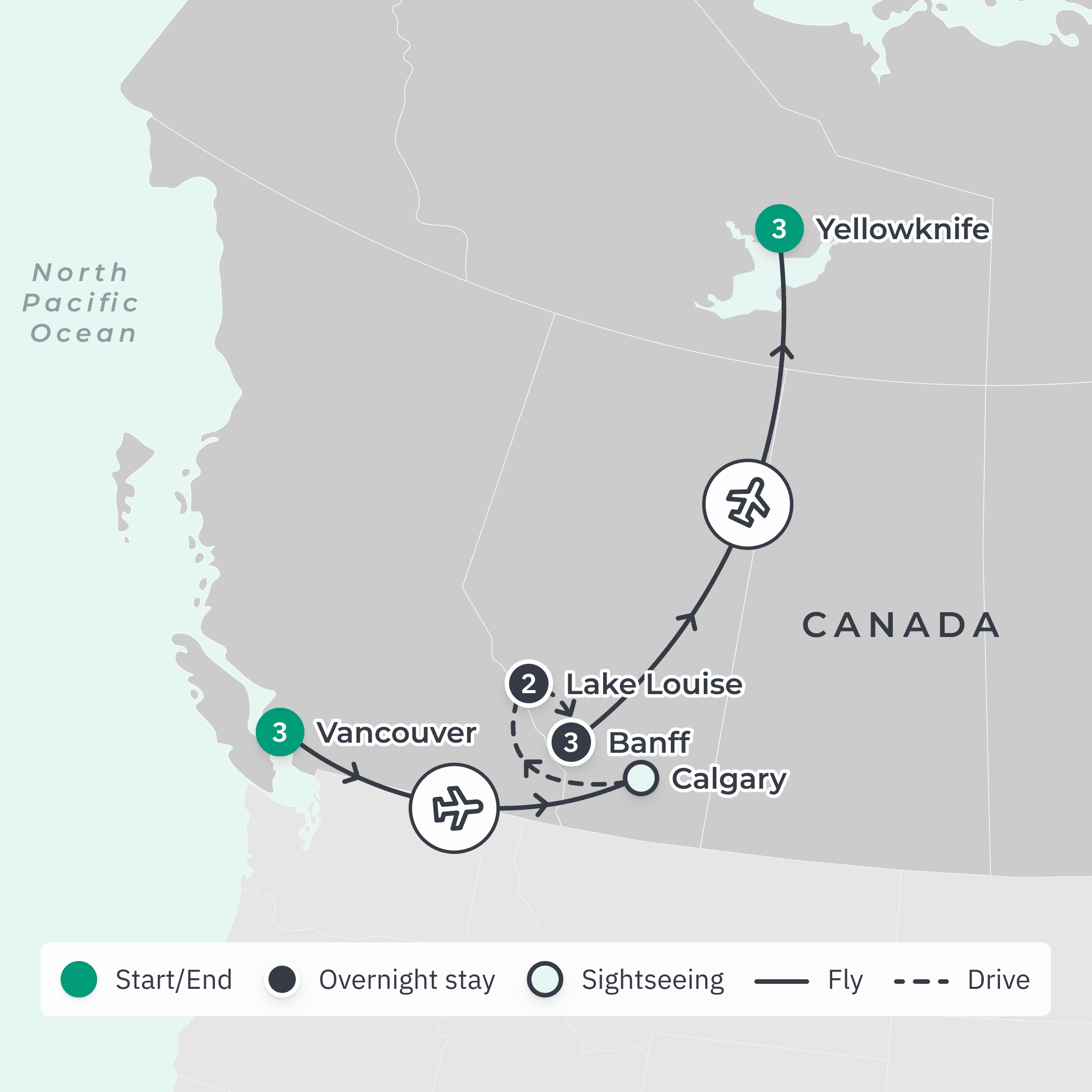 Canada 2024 & 2025 Winter Tour with Northern Lights Viewing, Rockies Helicopter Flight & Lake Louise Fairmont Stay route map