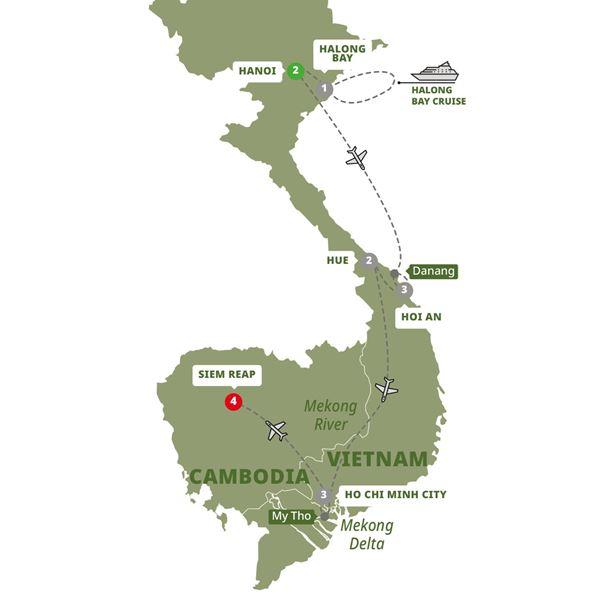 Vietnam and the Temples of Angkor route map