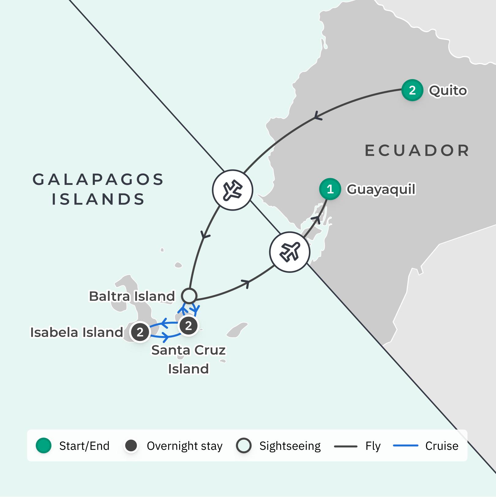 Ecuador & Galapagos Island Highlights with Expert Naturalists & Internal Flights Between Islands route map