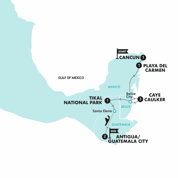 Mexico, Belize and Guatemala Highlights route map