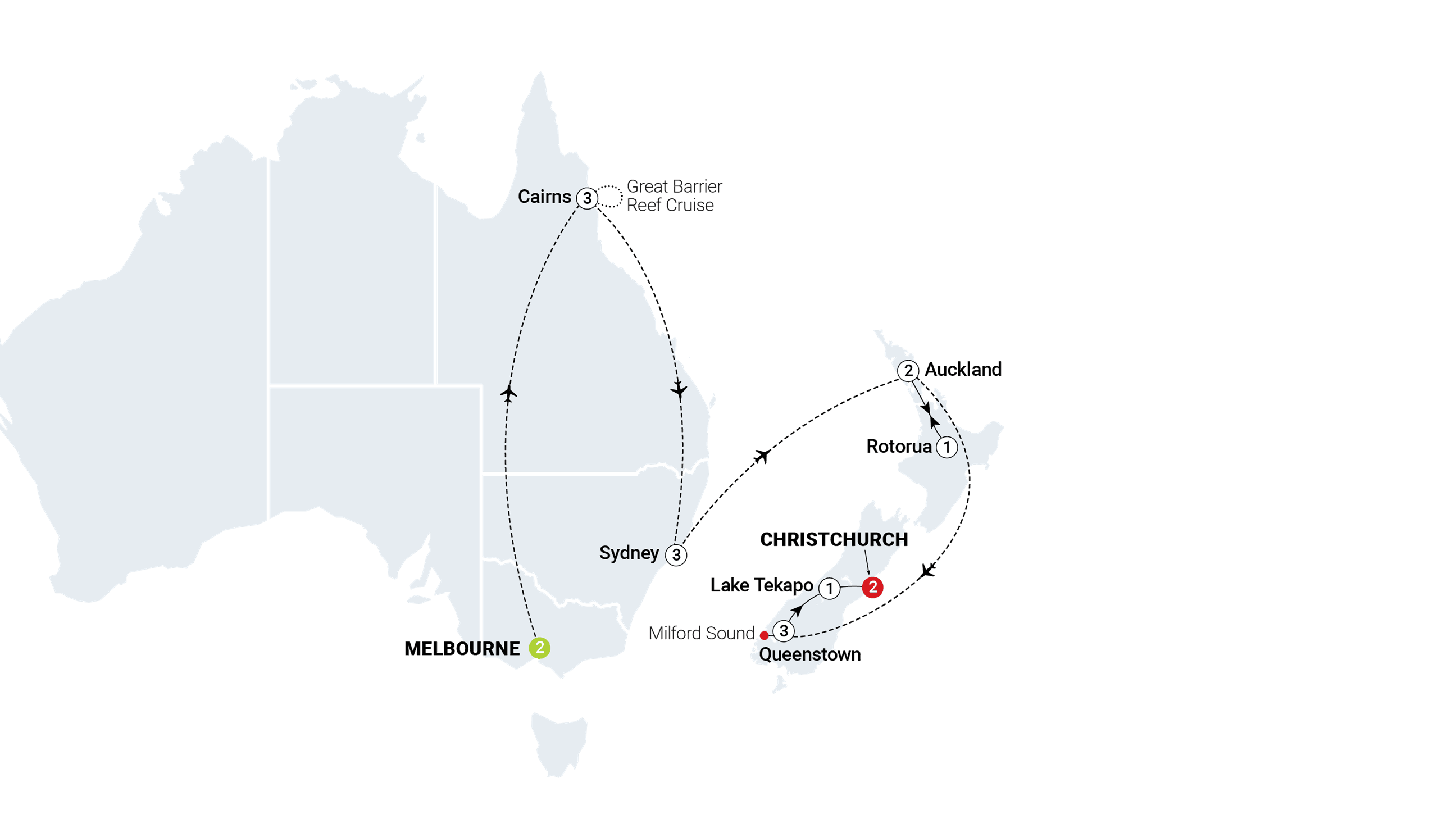 Contrasts of Australia and New Zealand route map