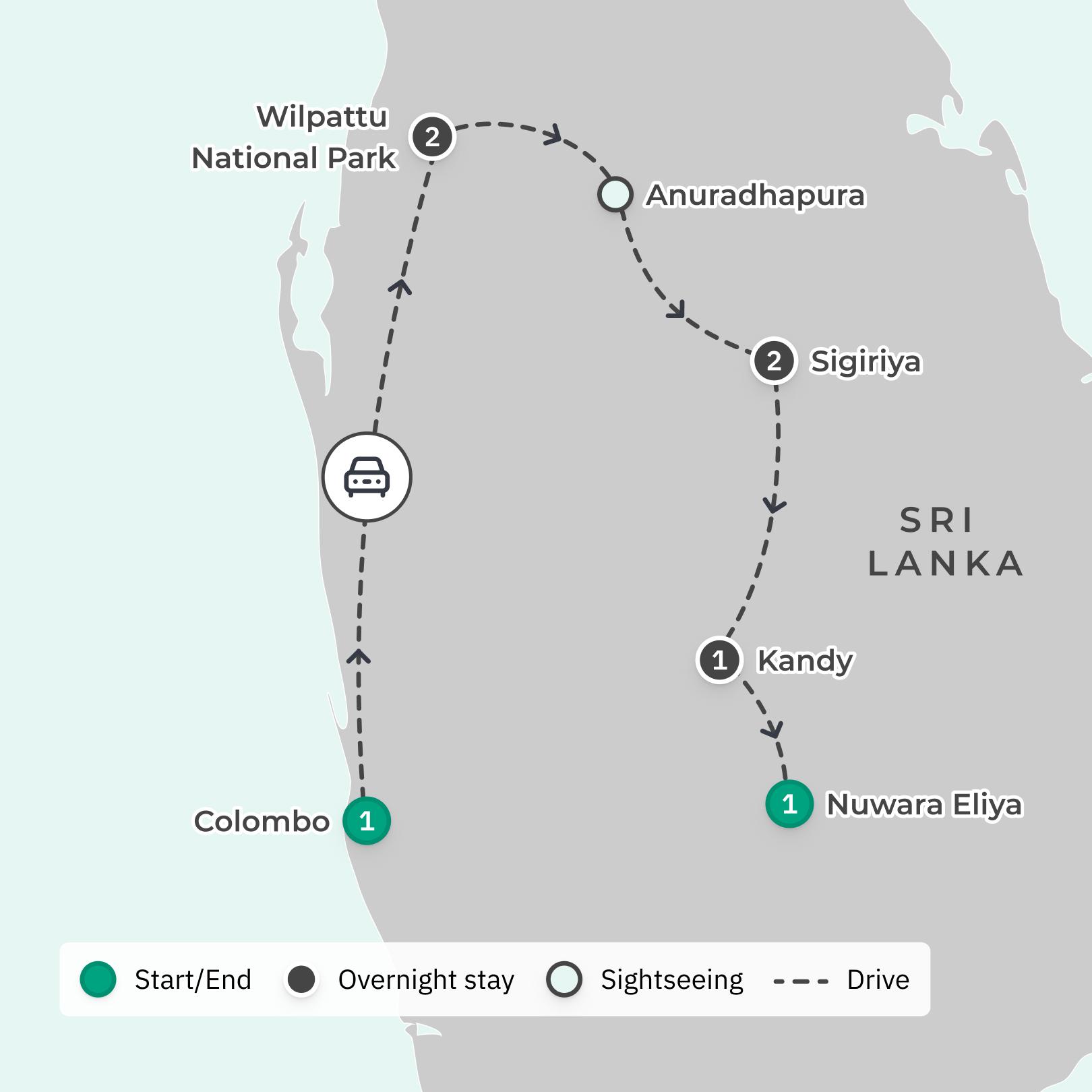 Sri Lanka Small-Group Tour with Wilpattu National Park Safari, Sigiriya (Lion's Rock) Visit & A$1,000 Flight Credit route map