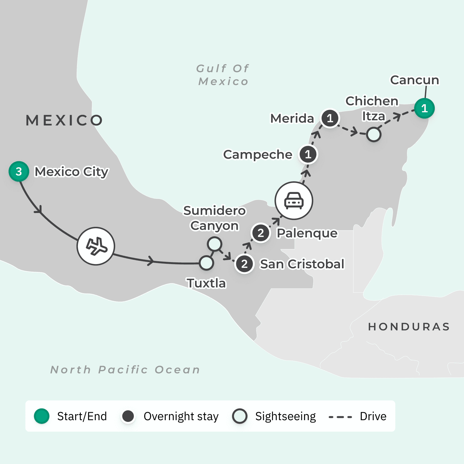 Mexico Small-Group Tour with Chichen Itza, Sumidero Canyon Cruise & Mexico City Tour  route map