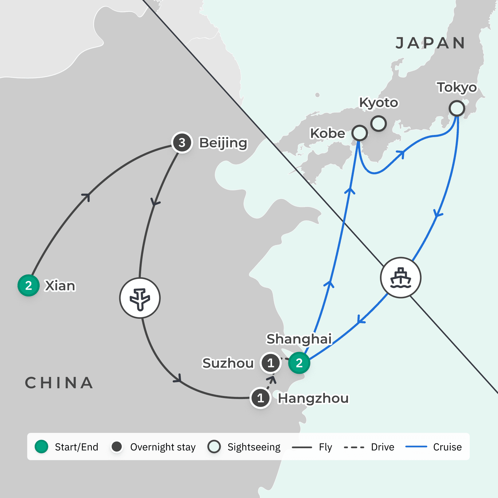 China & Japan 2024: 18-Day Tour & Cruise Combo with Royal Caribbean from Shanghai & Roundtrip International Flights – Outside View Stateroom Upgrade route map