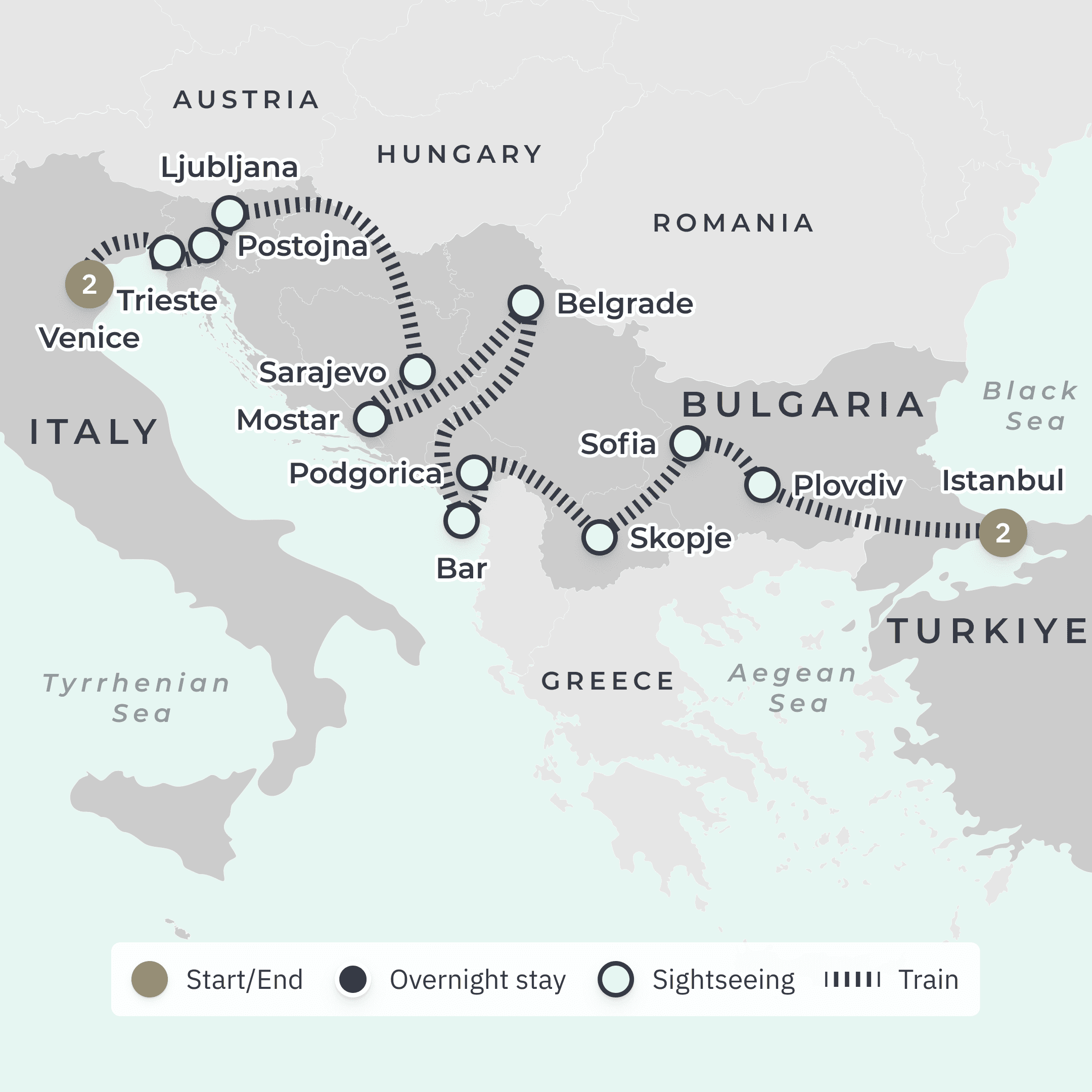 Balkan Explorer 2025: All-Inclusive Ultra-Lux Golden Eagle Rail Journey from Venice to Istanbul with Montenegro Tour route map