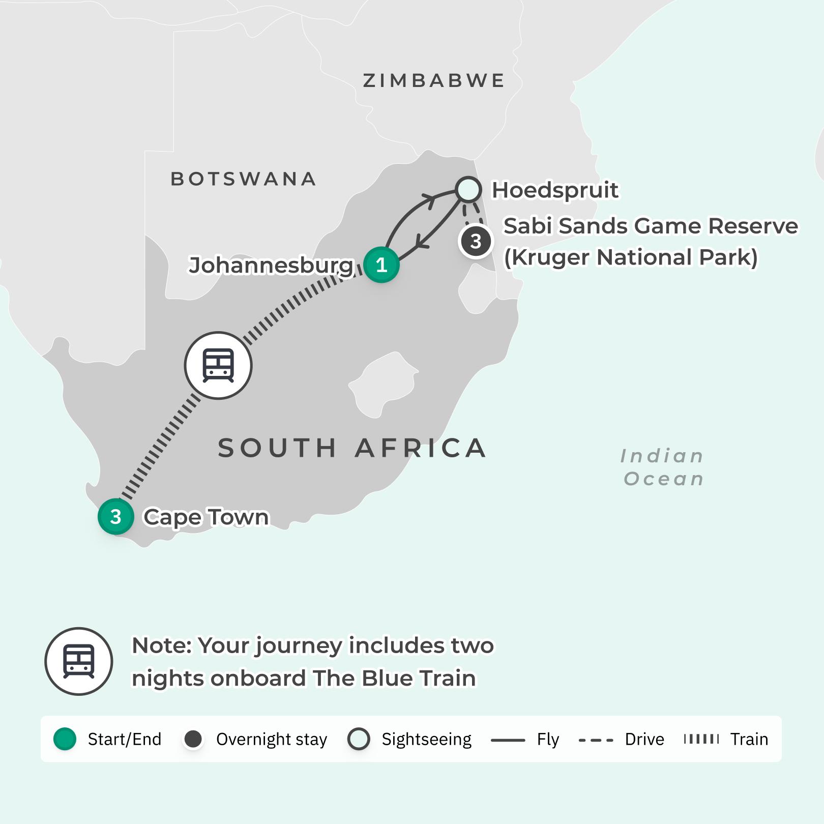 South Africa Iconic Blue Train Journey with All-Inclusive Safari route map