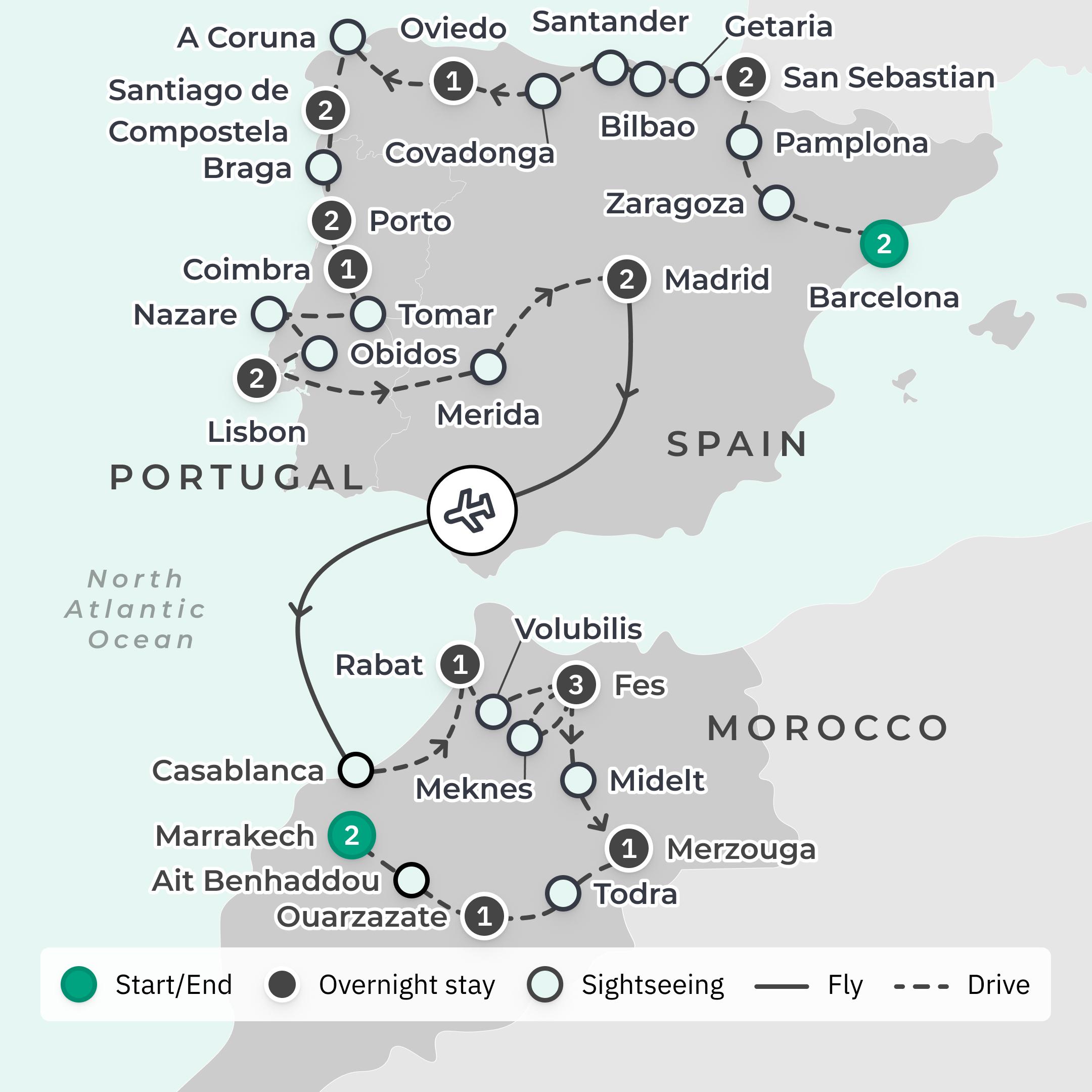Northern Spain, Portugal & Morocco Discovery with San Sebastian Food Tour & Sahara Desert Camp route map