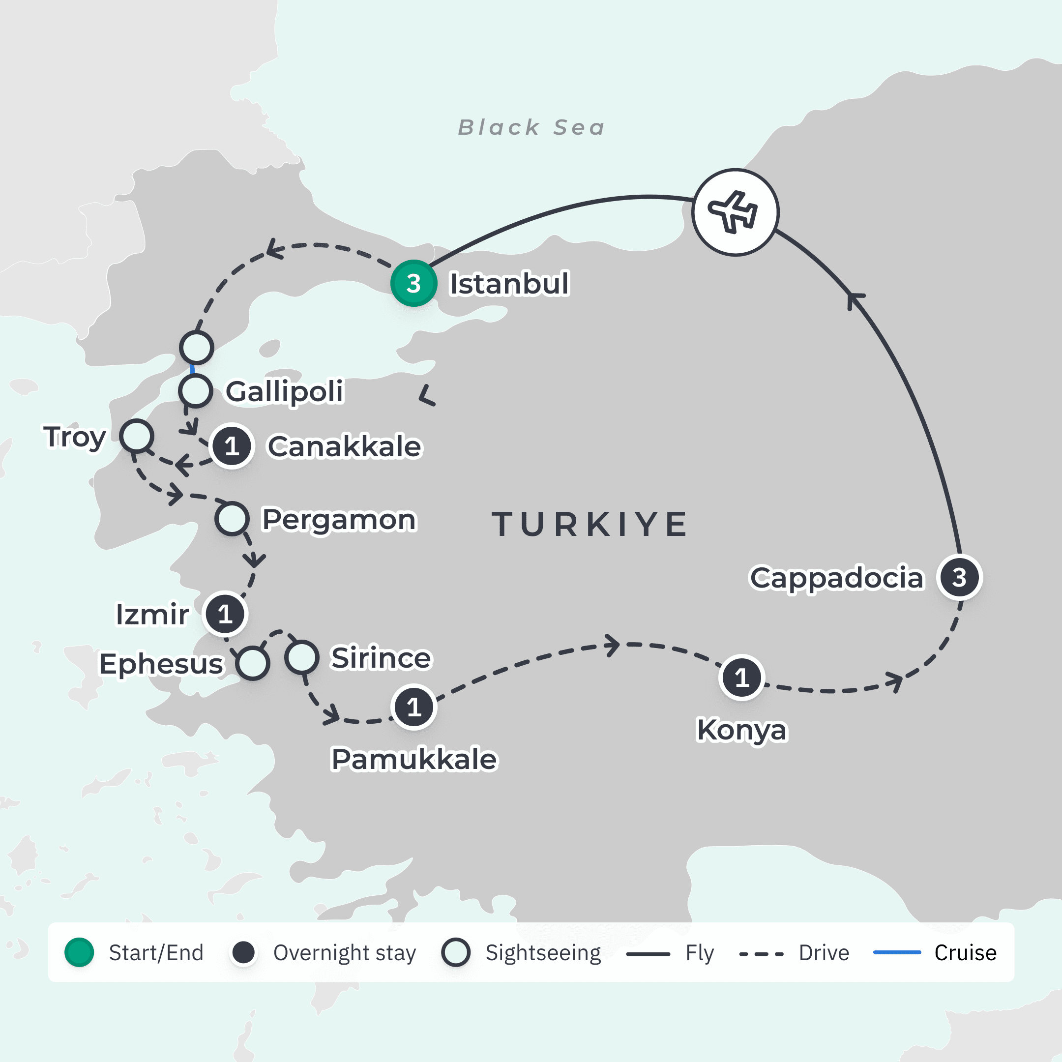 Turkiye Highlights with Cappadocia Cave Stay & Gallipoli Visit route map