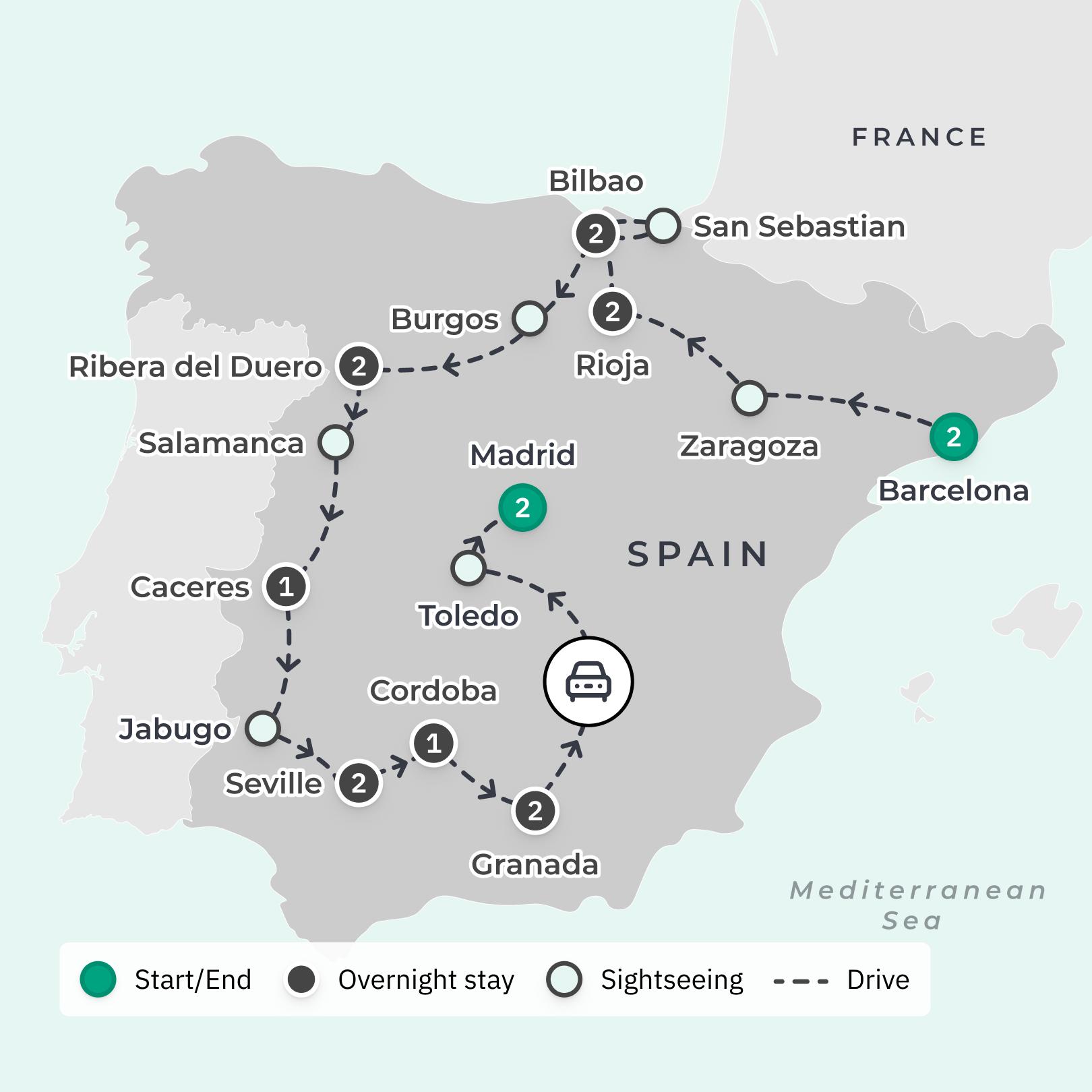 Flavours of Spain 2024 Gourmet Luxury Tour with Michelin-Starred Dining, Caviar Tasting & Alhambra Palace route map