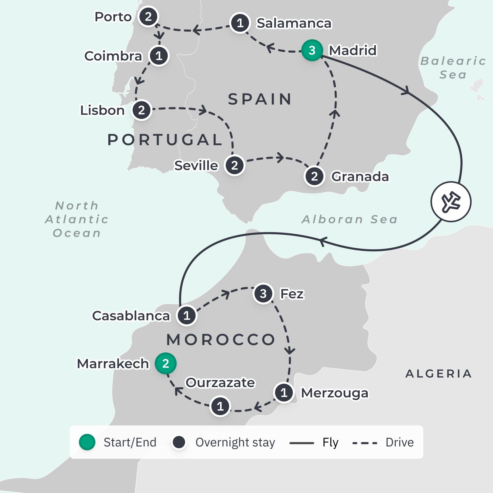 Spain, Portugal & Morocco 2024 Small-Group Tour with Douro River Cruise, Wine Tasting, Flamenco & Fado Shows & Sahara Camp Stay route map