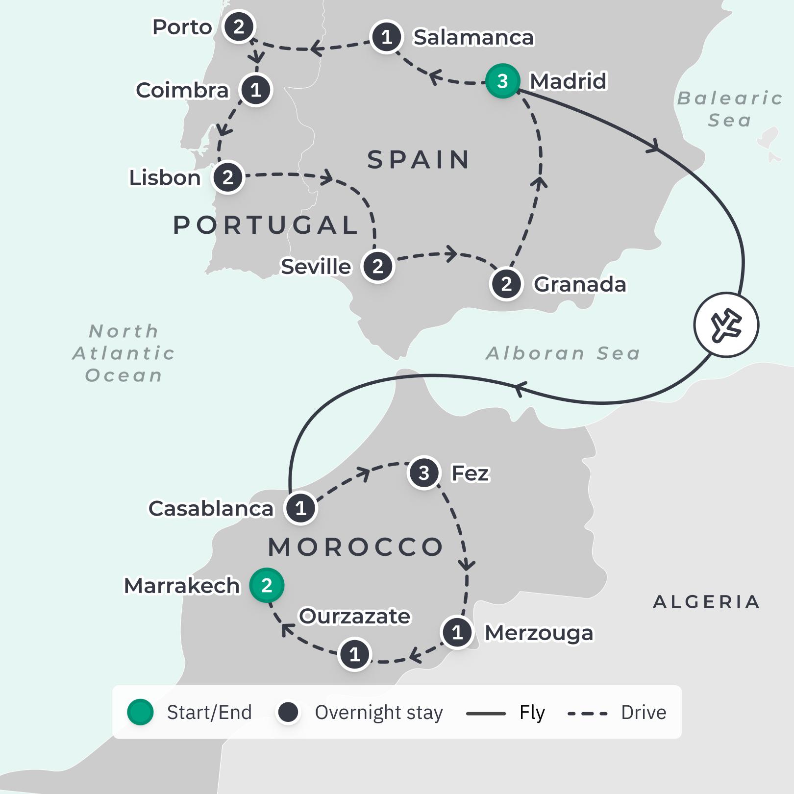 Spain, Portugal & Morocco Discovery with Douro River Cruise & Sahara Desert Camp route map