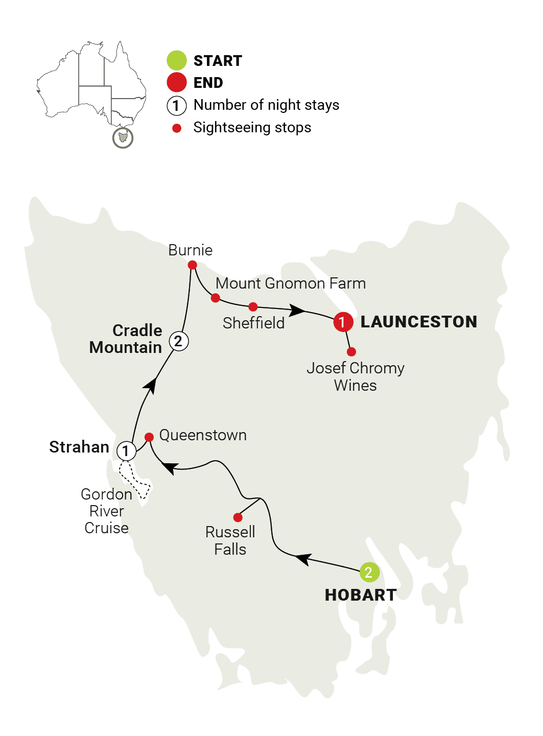 Tassie's Parks & Nature route map