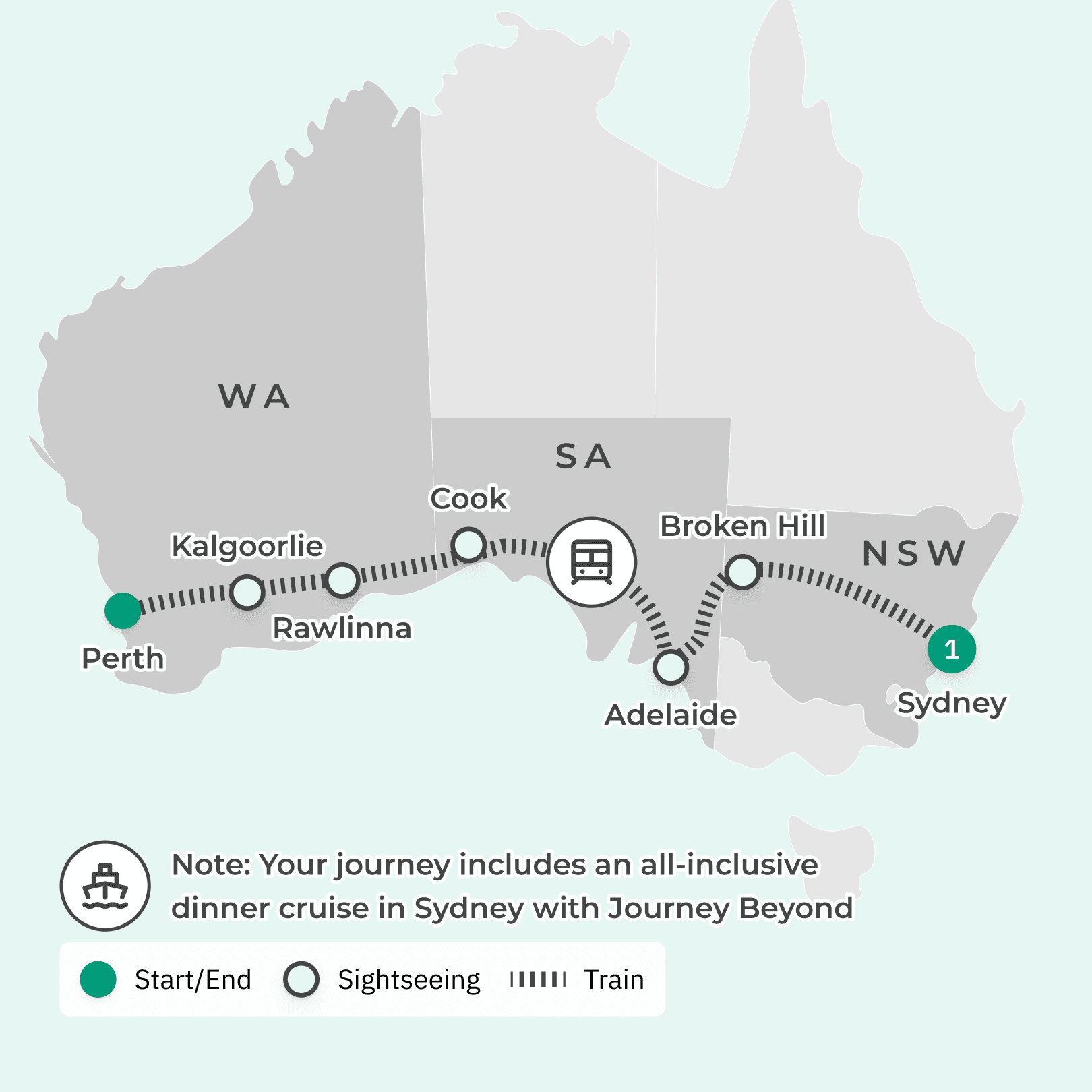 Sydney to Perth: Indian Pacific Rail Journey with Vivid Dinner Cruise, Off-Train Experiences & All-Inclusive On-Train Dining route map
