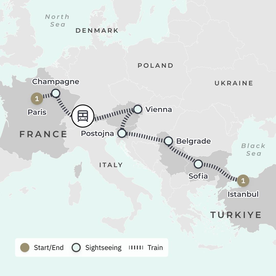 Istanbul to Paris All-Inclusive Ultra-Lux Golden Eagle Rail Journey with Champagne Tour route map