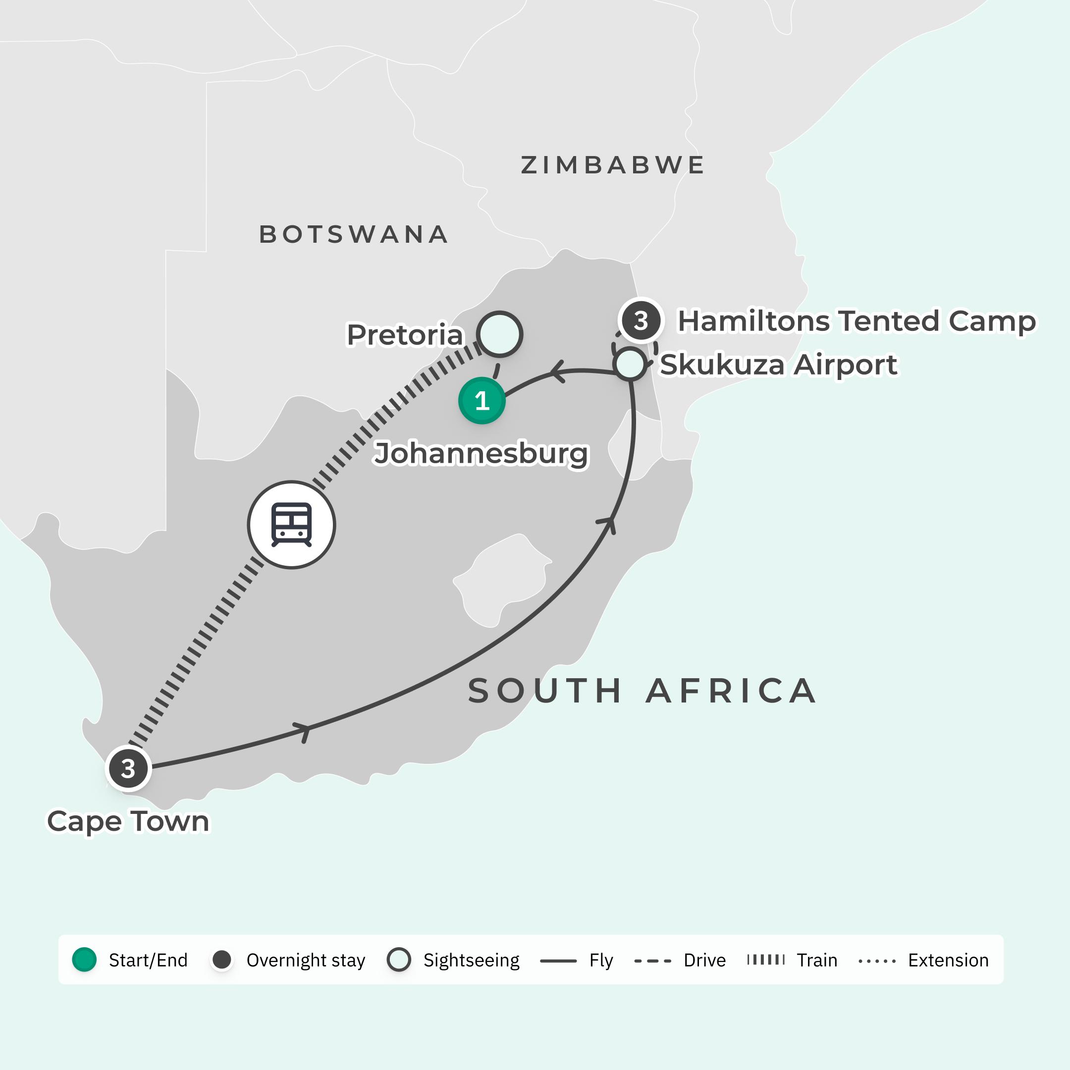 South Africa Luxury Tour with Iconic Blue Train Journey, Private Wine Tasting & All-Inclusive Kruger National Park Safari route map