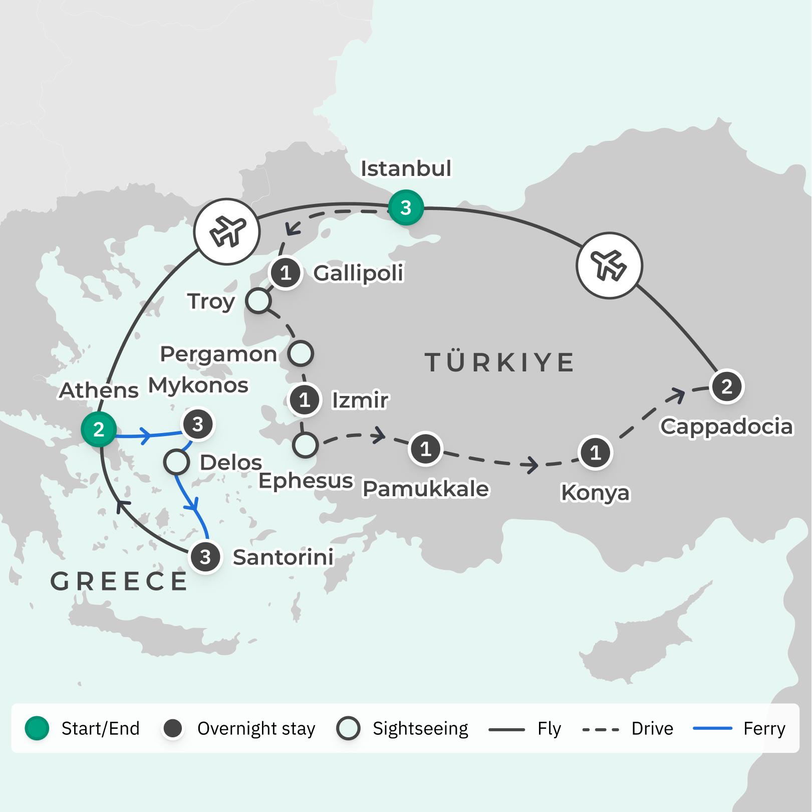 Greece & Turkiye Highlights Tour with Guided City Visits, Gallipoli, Santorini Caldera Cruise & Internal Flights route map