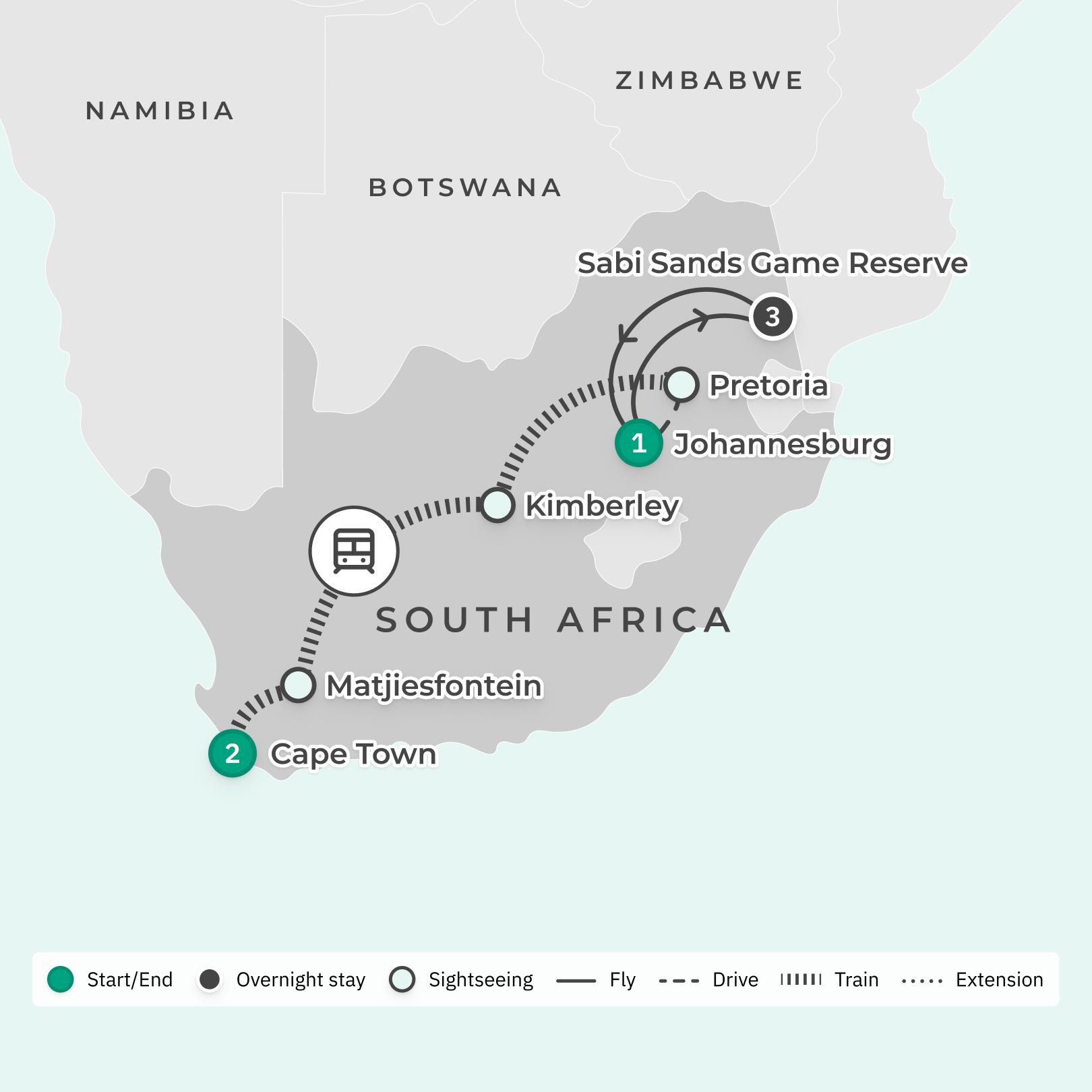 Intimate South Africa 2025 Tour with Rovos Luxury Rail Journey, Sabi Sands Game Safari & All-Inclusive Lodge route map