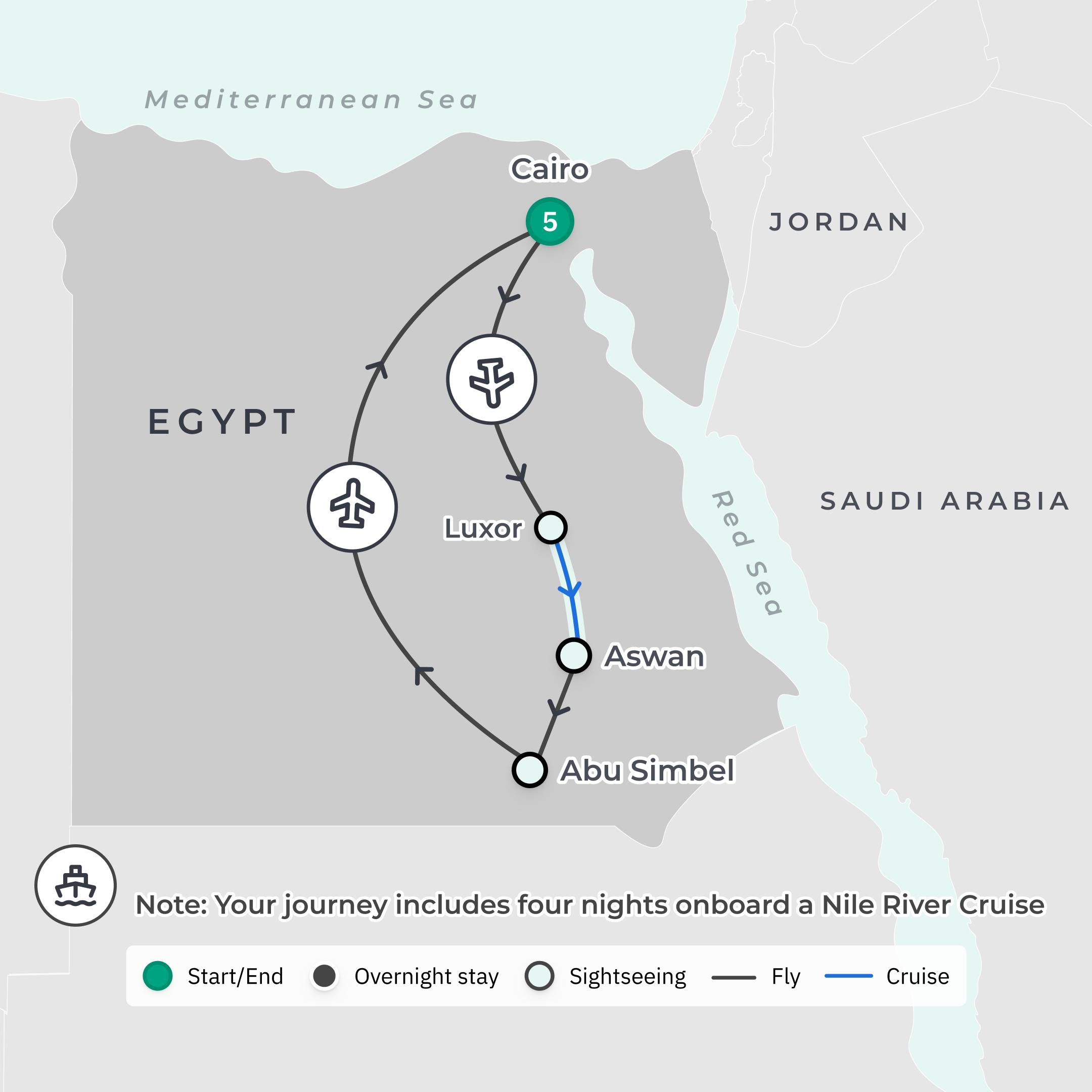 Egypt Luxury Highlights with Abu Simbel & Four Seasons Stay route map