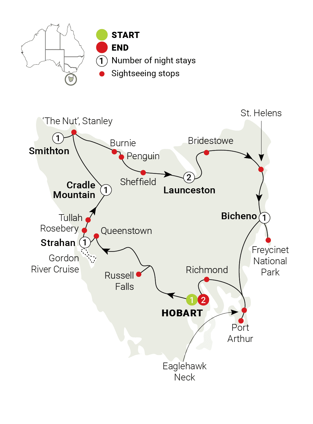 Tasmanian Wonders route map