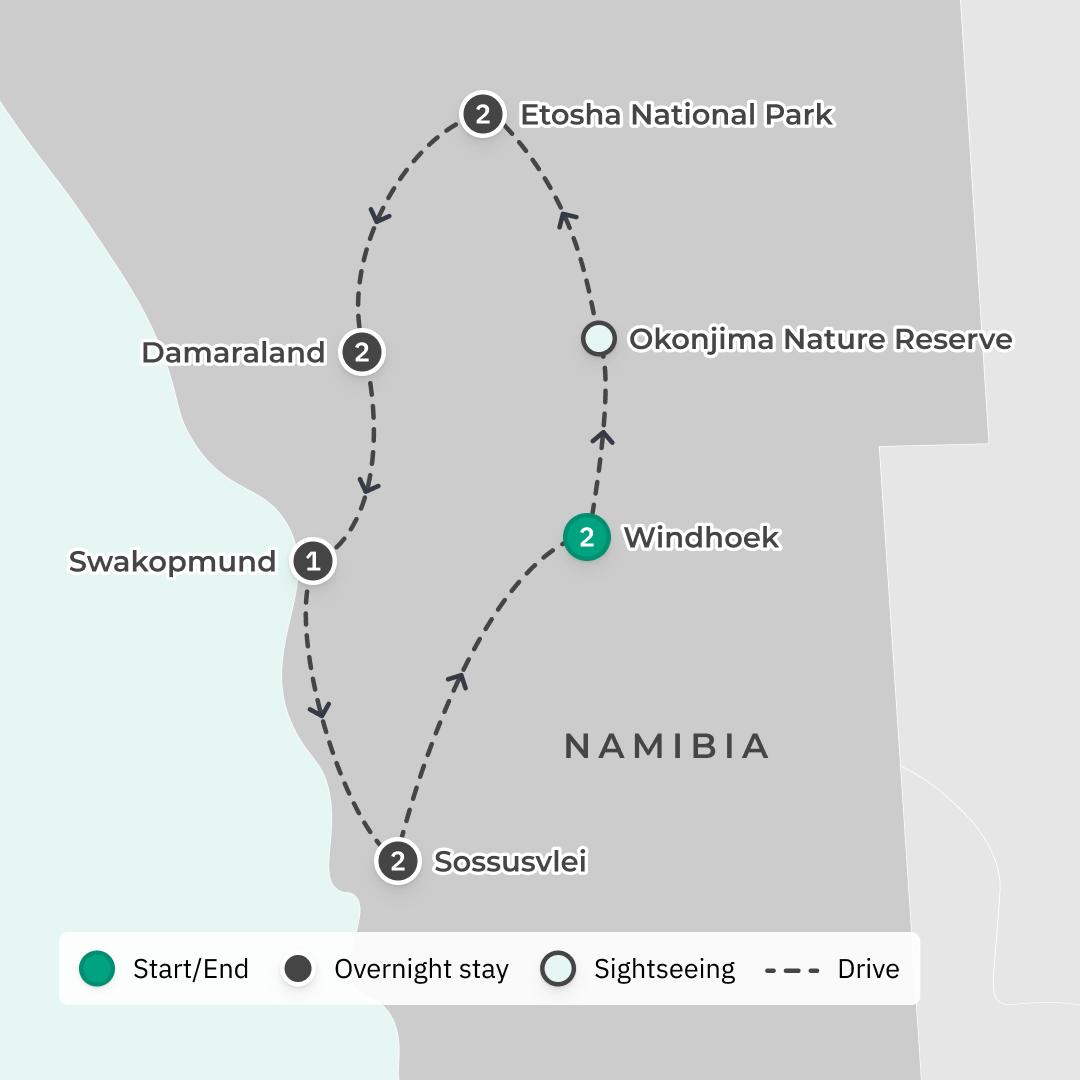 Namibia Small-Group Safari with Luxury Lodges, Etosha Heights Private Reserve, Wildlife Drives & Sossusvlei Dune Stay route map