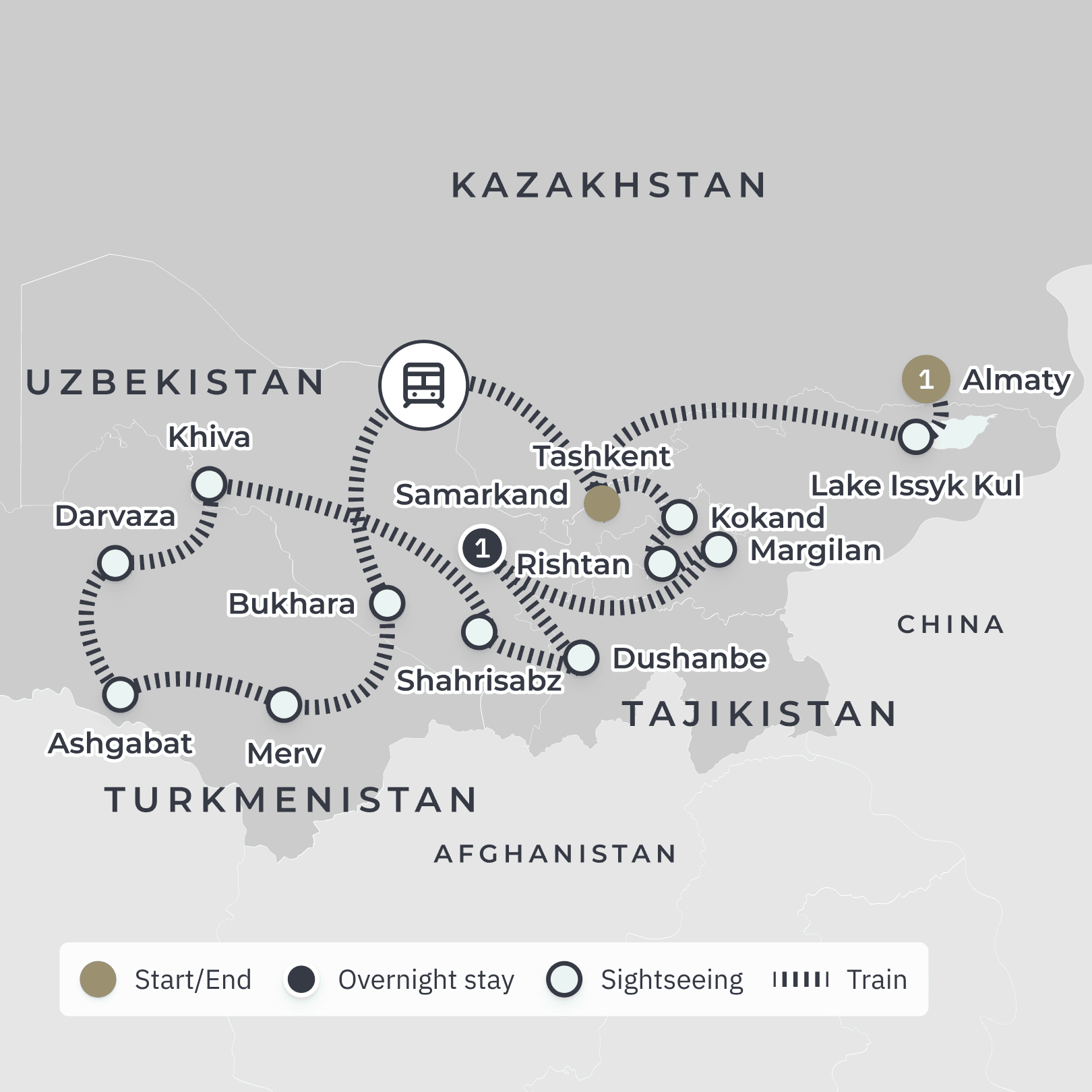 Republics of the Silk Road 2024 & 2025: All-Inclusive Central Asia Ultra Lux Golden Eagle Rail Journey with Caviar Gala route map