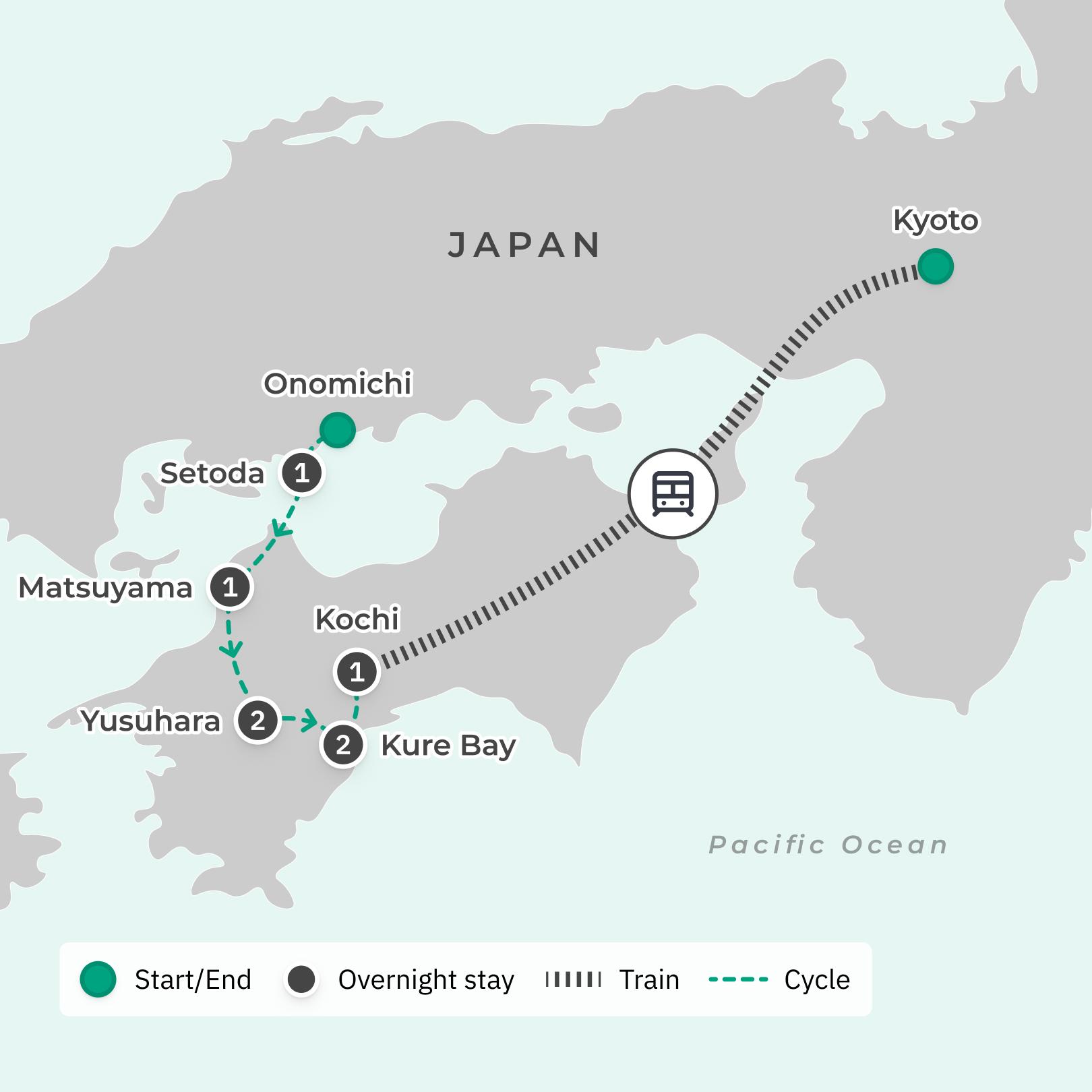 Japan Small-Group E-Bike Tour with Shimanami Kaido, Sake Tasting, Washi Papermaking & Bullet Train Journey route map