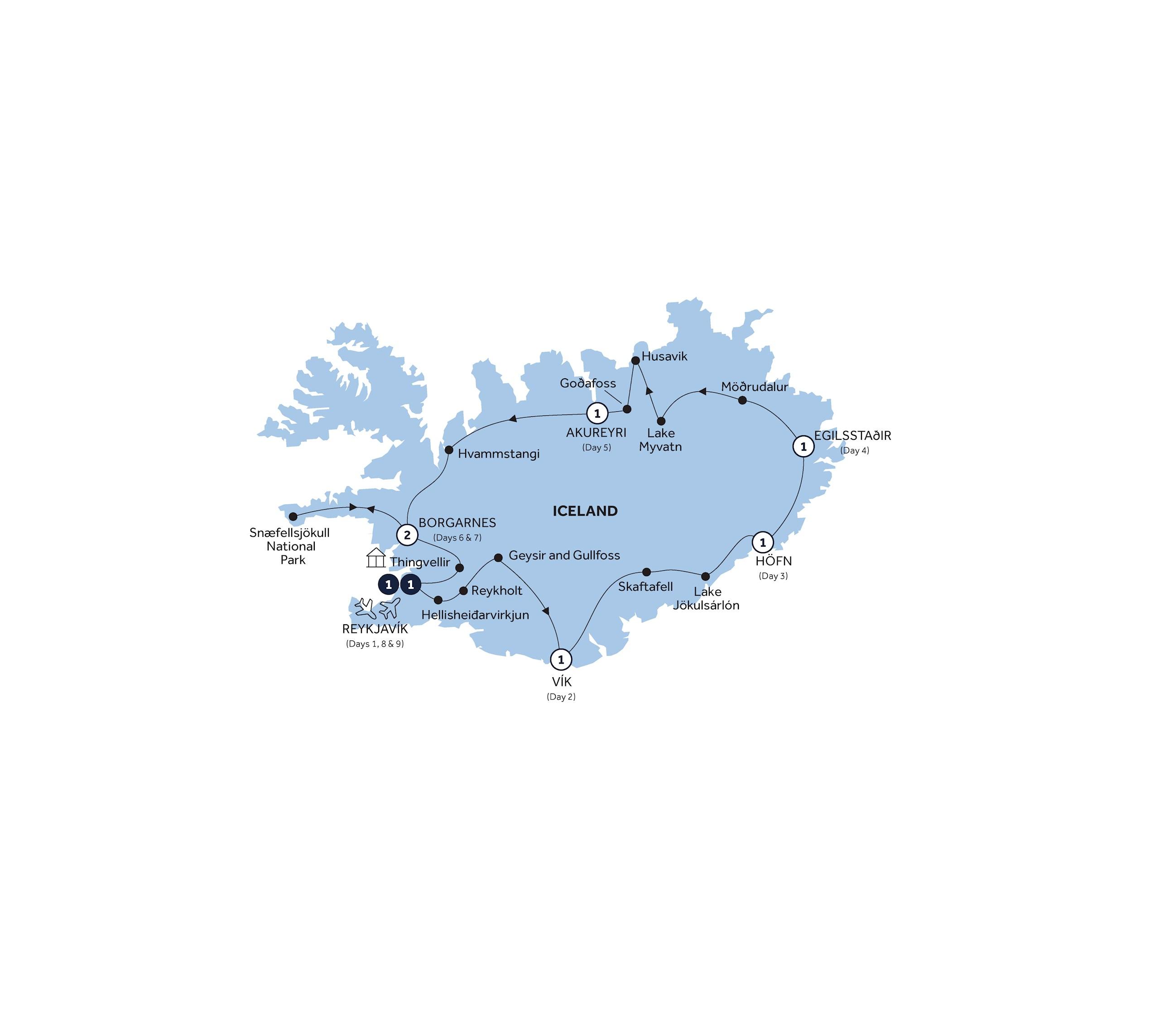 Natural Wonders of Iceland - Classic Group route map