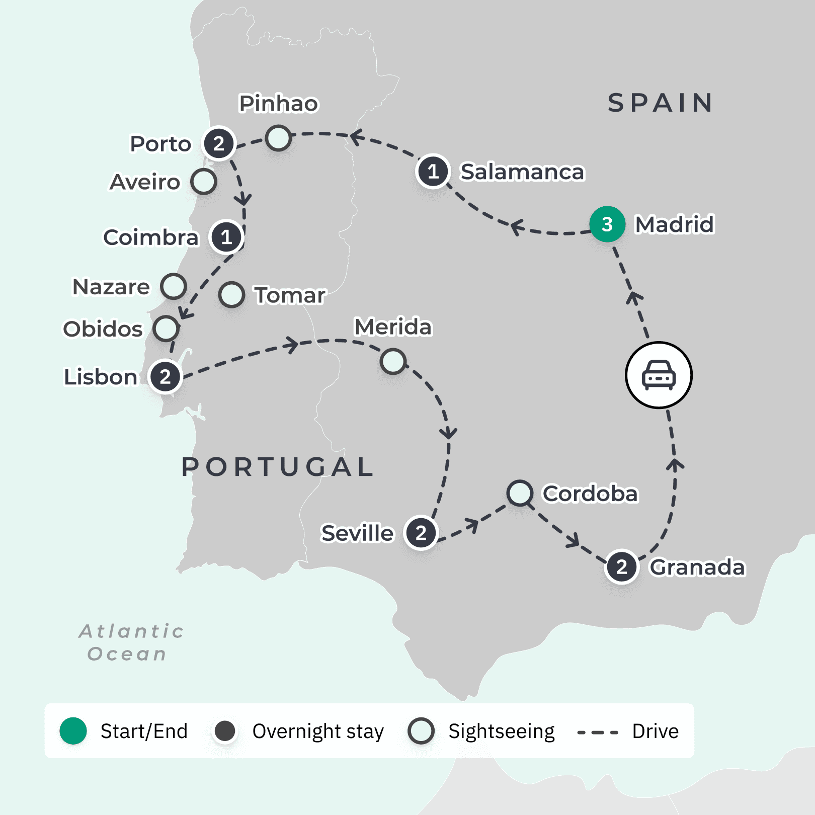 Southern Spain & Portugal Discovery with Flamenco Show & Douro River Cruise route map