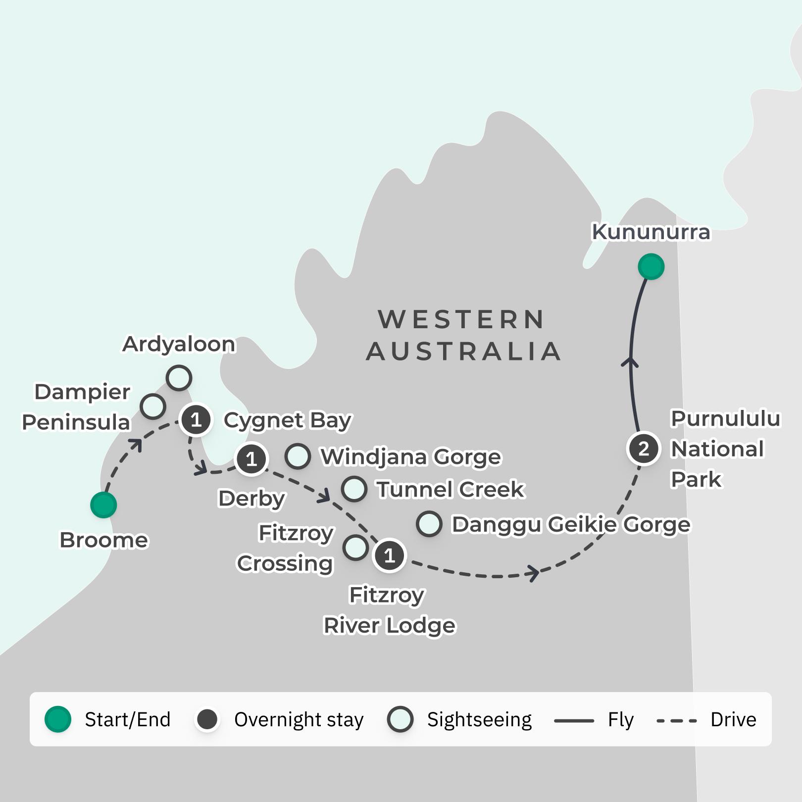 Kimberley 2024 Small-Group Tour with Kununurra Flight, Pearl Farm Stay & Buccaneer Archipelago Sunset Cruise route map