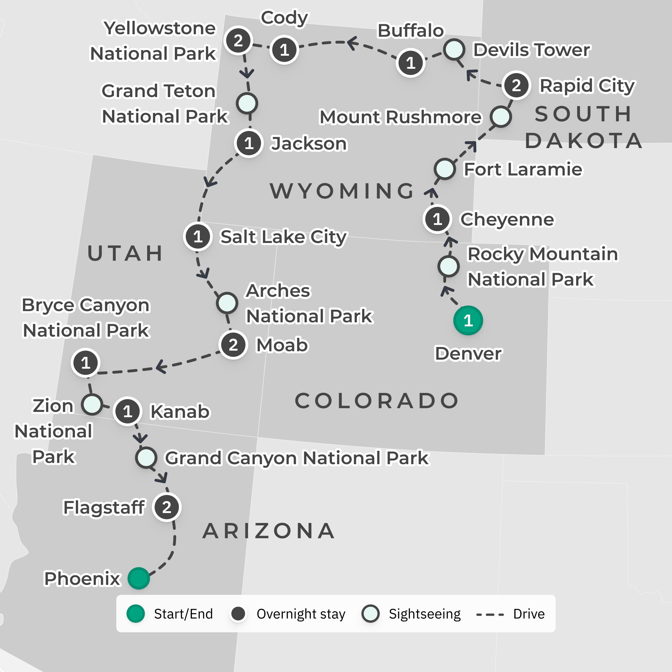 Best of Western USA National Parks with Guided Yellowstone Tour & Grand Canyon Visit route map