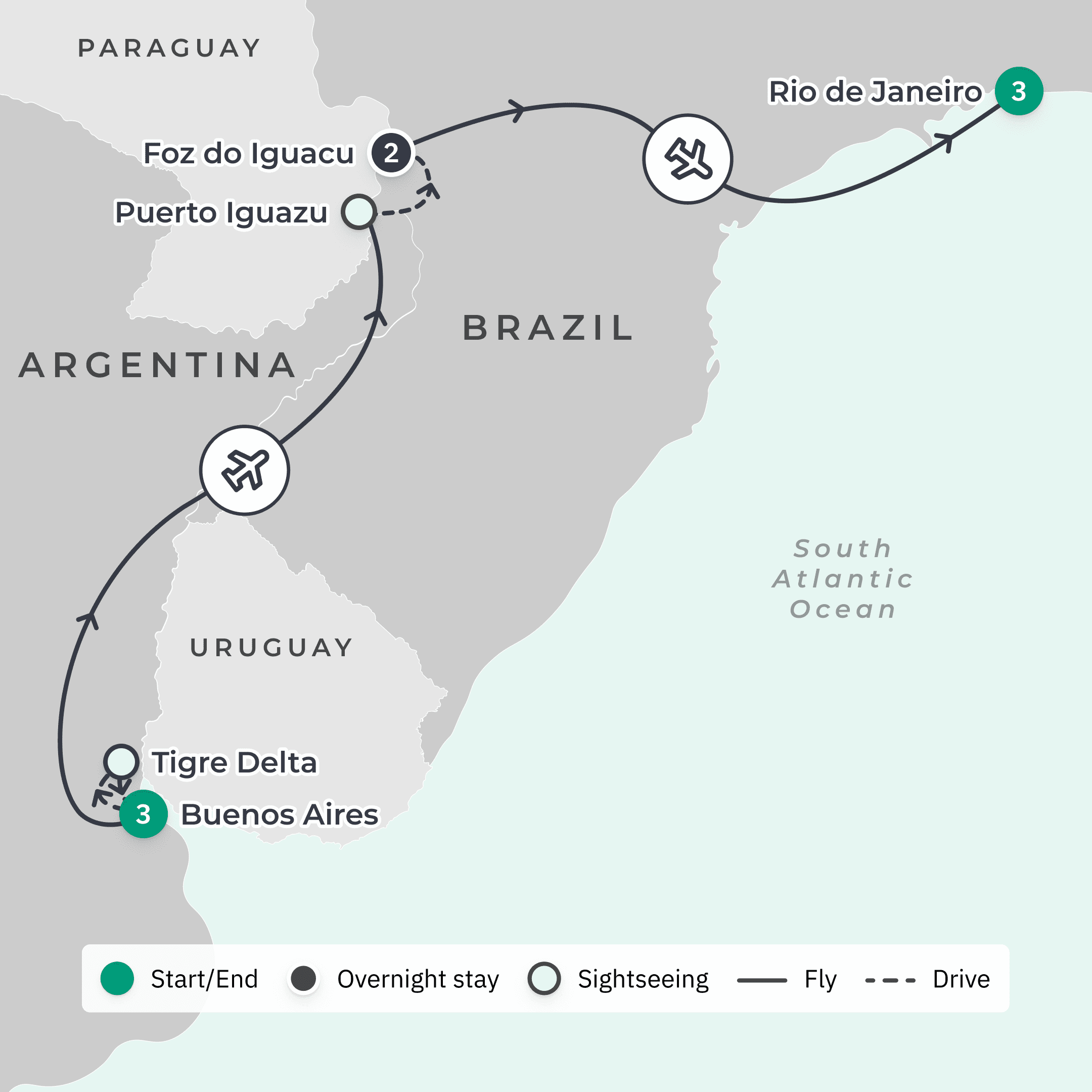 Argentina & Brazil 2024 Small-Group Tour with Luxury Stays, Iguazu Falls Cruise & Tango Dinner Show route map