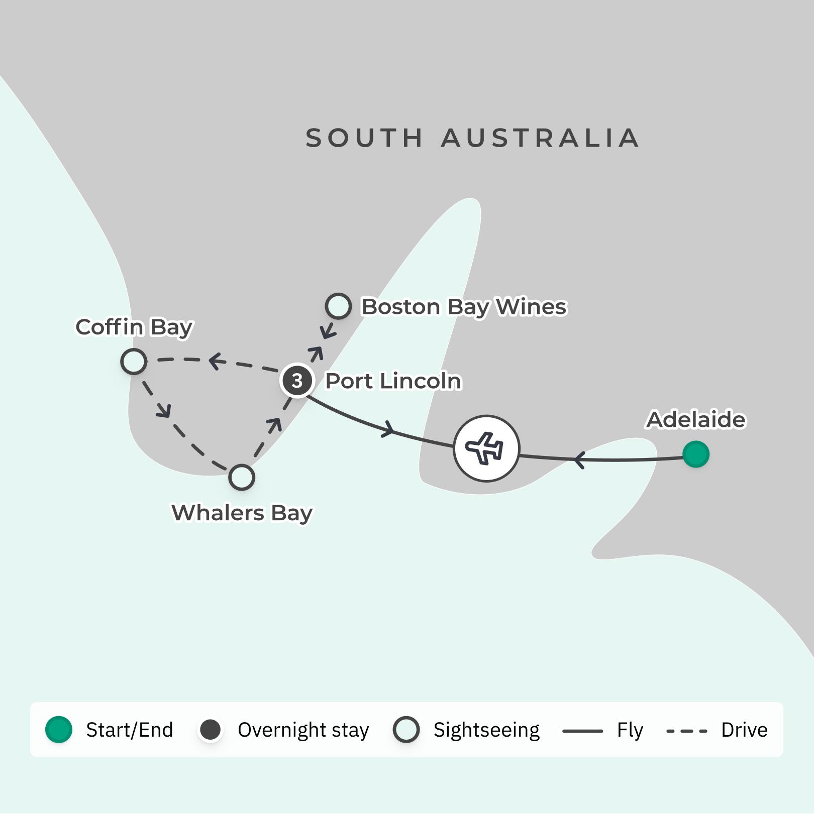 South Australia 2024: Small-Group Gourmet Tour with Oyster Shucking, Wine Tasting & Roundtrip Adelaide to Port Lincoln Flights route map