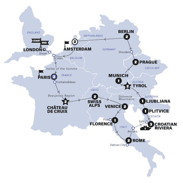 European Contrasts | Start London | Summer | 2025 route map