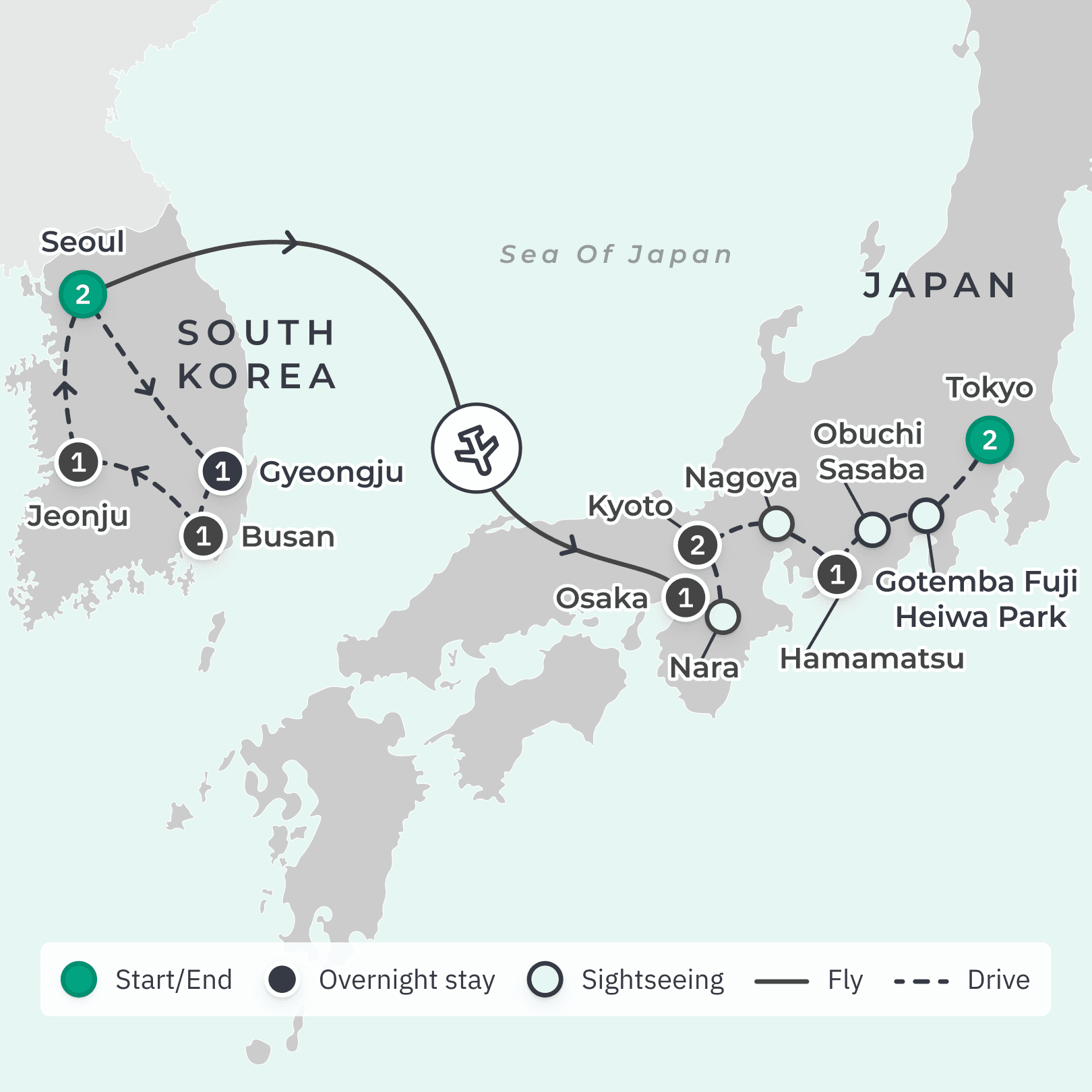 South Korea & Japan 2024 Small-Group Highlights Tour with Internal Flights, Kyoto Bullet Train & Mount Fuji route map