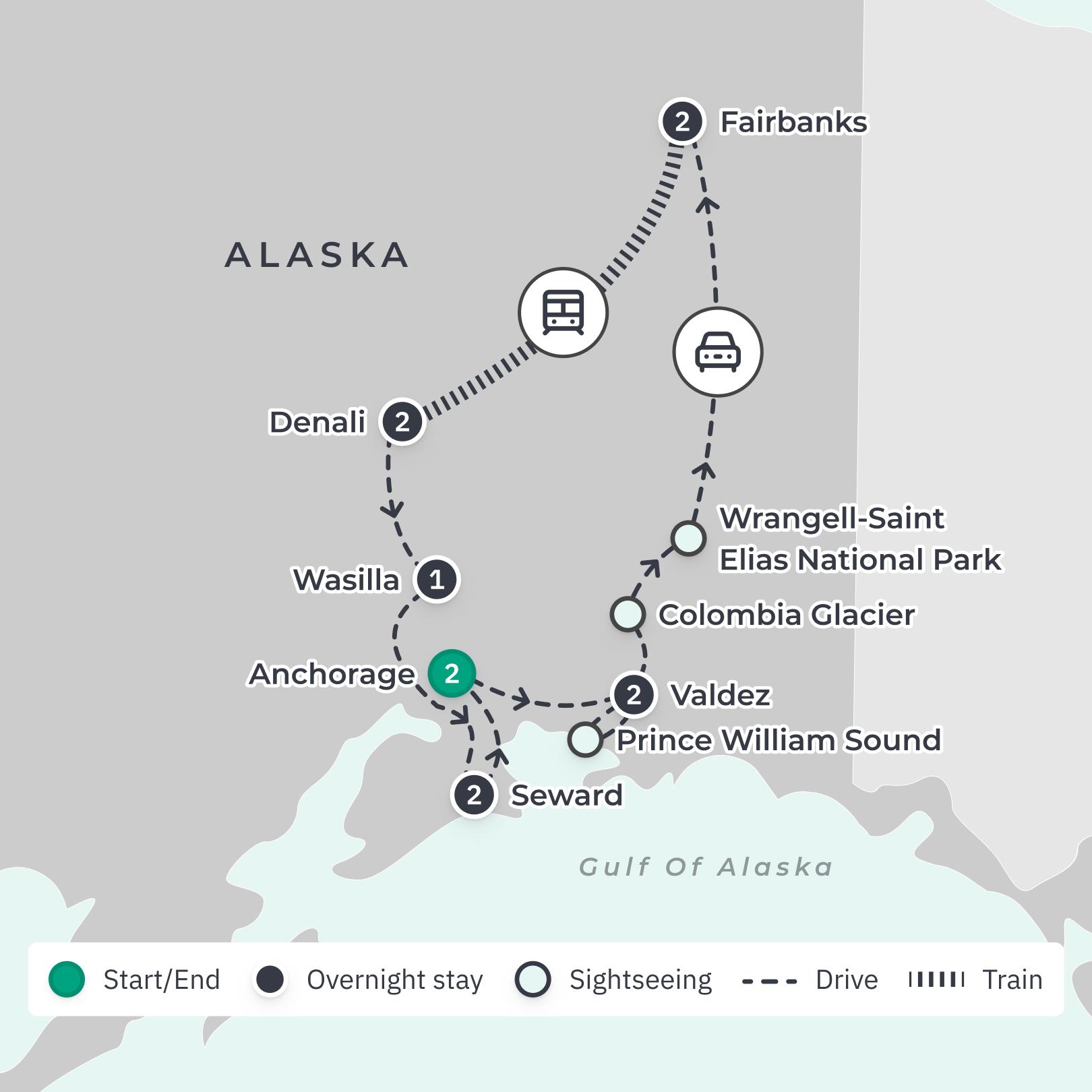 Alaska 2024 & 2025 Wilderness Tour with Prince William Sound Cruise, Columbia Glacier, Denali Railway & Fairbanks Riverboat Ride route map