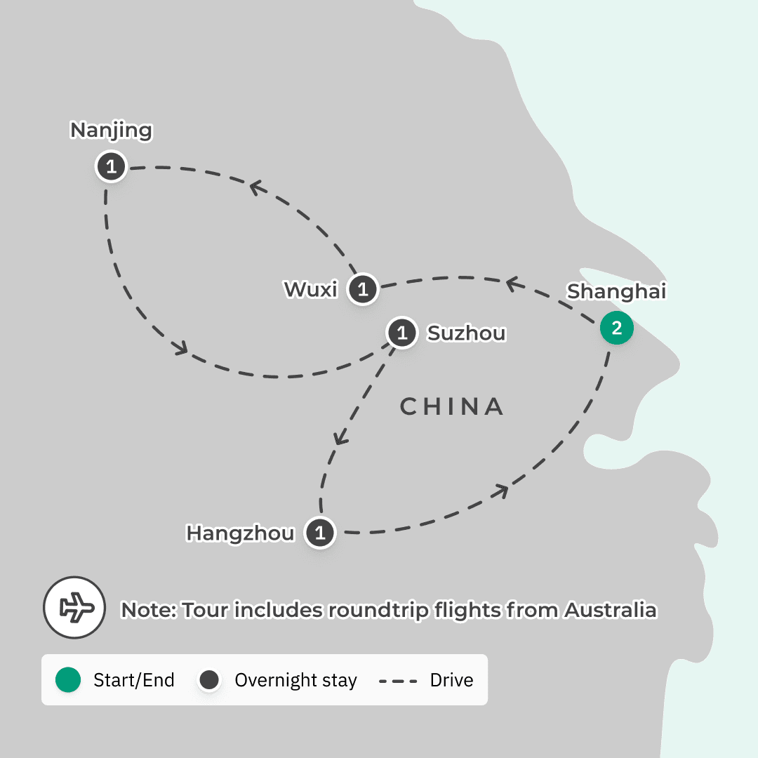 China 2024  Highlights Tour with Suzhou Canals, Nanjing Road, Pearl Farm & Return International Flights route map