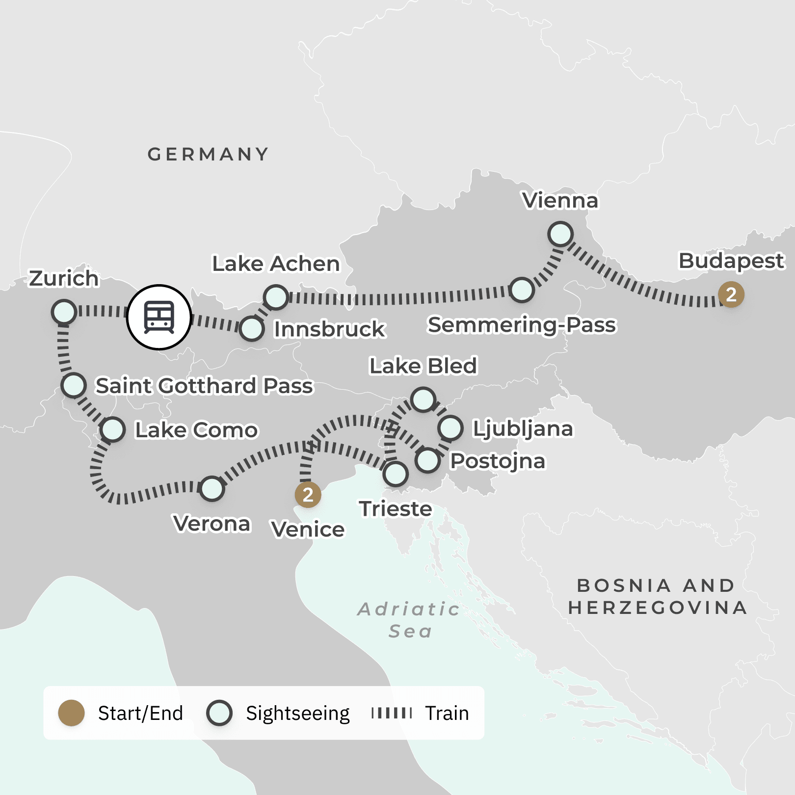 Grand Alpine Express 2025: All-Inclusive Ultra Lux Golden Eagle Rail Journey with Swiss Alps, Italian Lakes & Semmering Pass route map