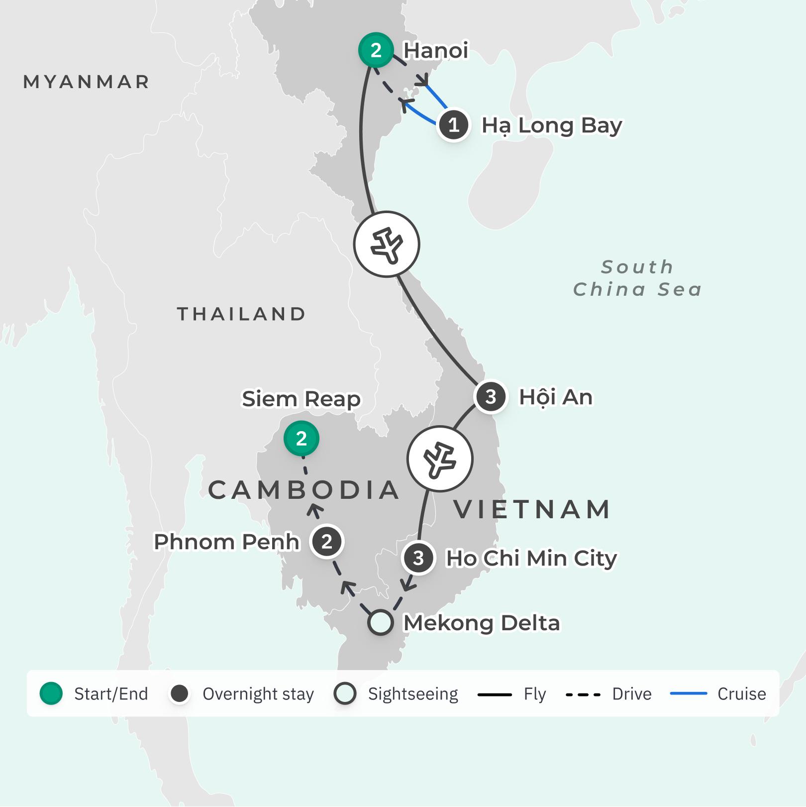 Vietnam & Cambodia: 14-Day Tour from Hanoi to Siem Reap with Ha Long Bay Cruise, Angkor Wat & Four-Star Accommodation route map