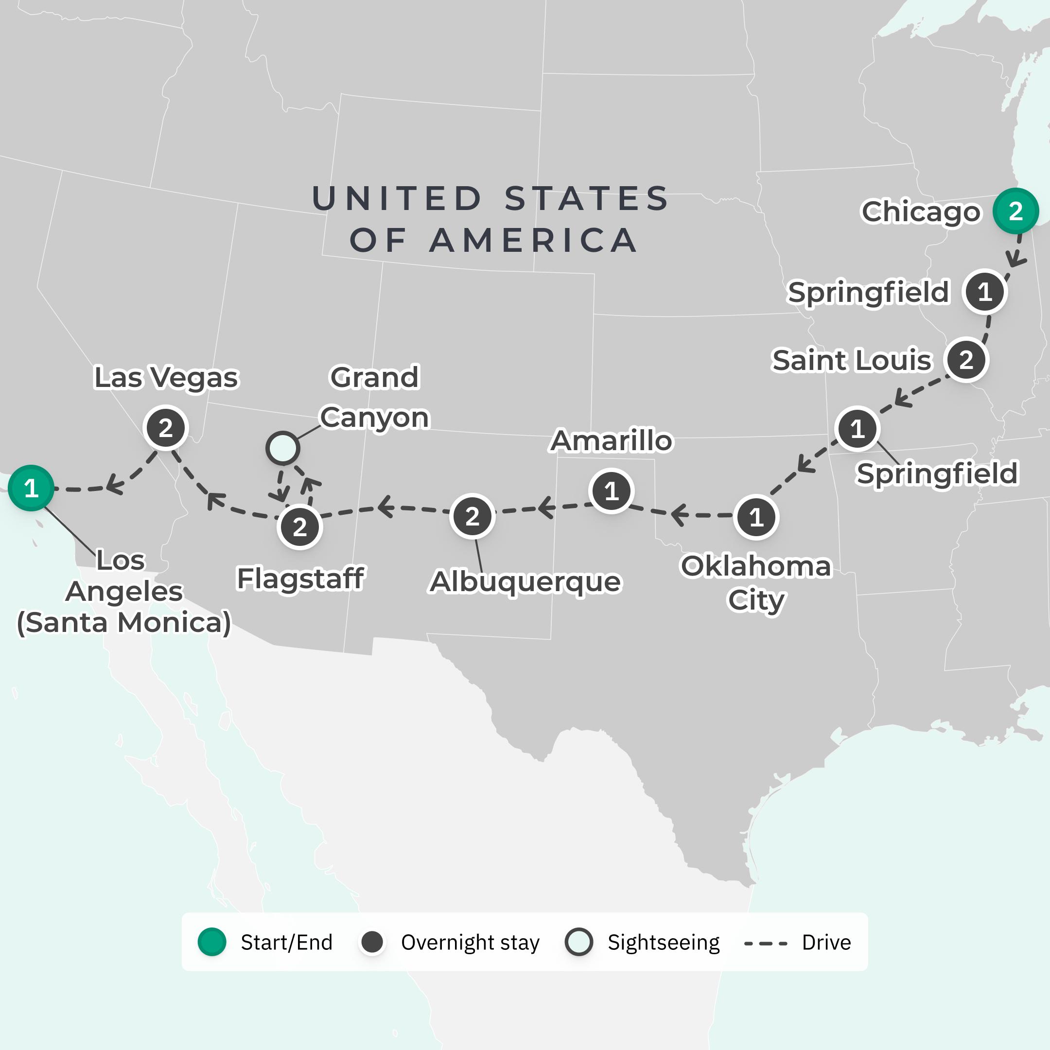 USA Historic Route 66 Retrospective from Chicago to California with Grand Canyon Visit route map