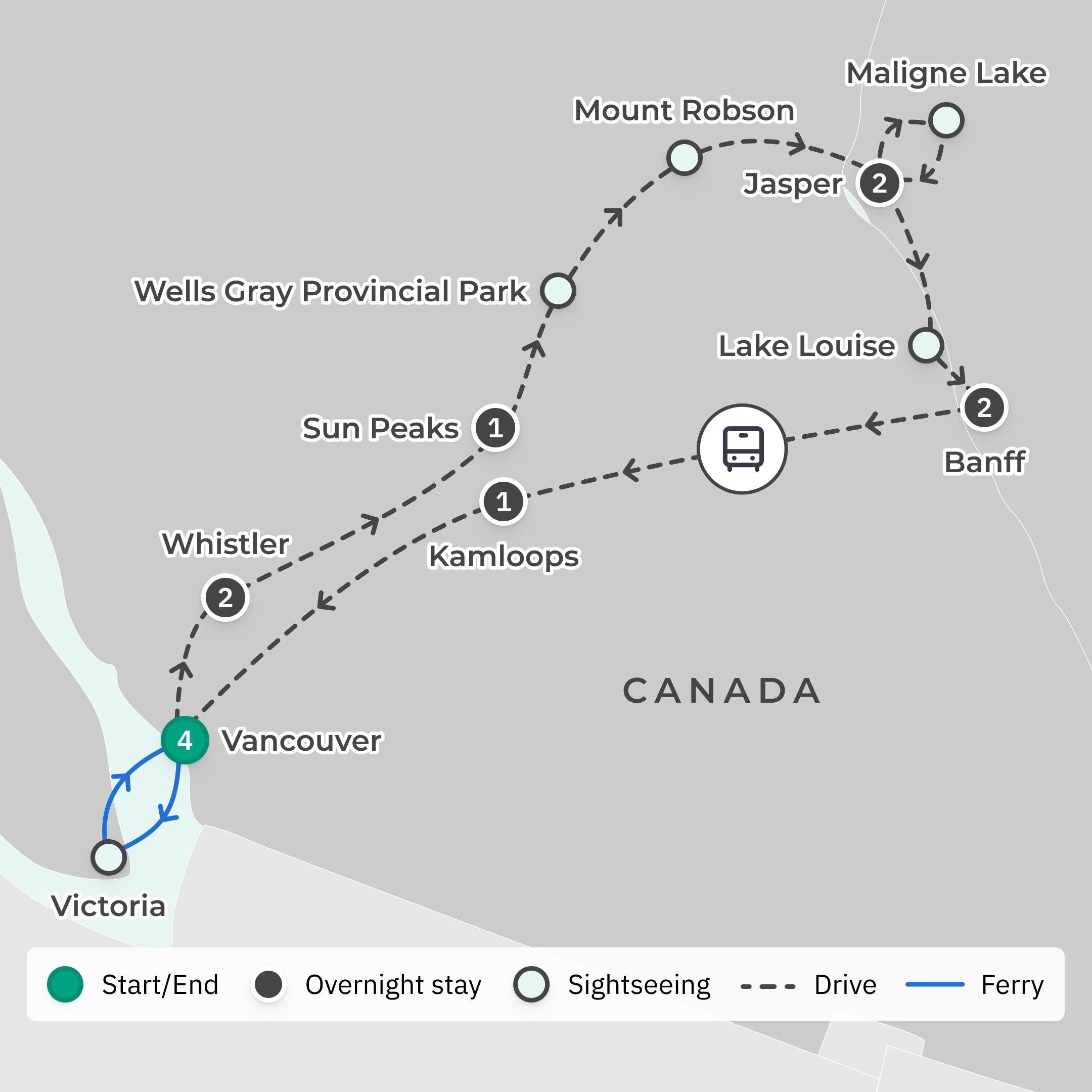 Canadian Rockies Classic with Wildlife Excursions & Scenic Drives route map