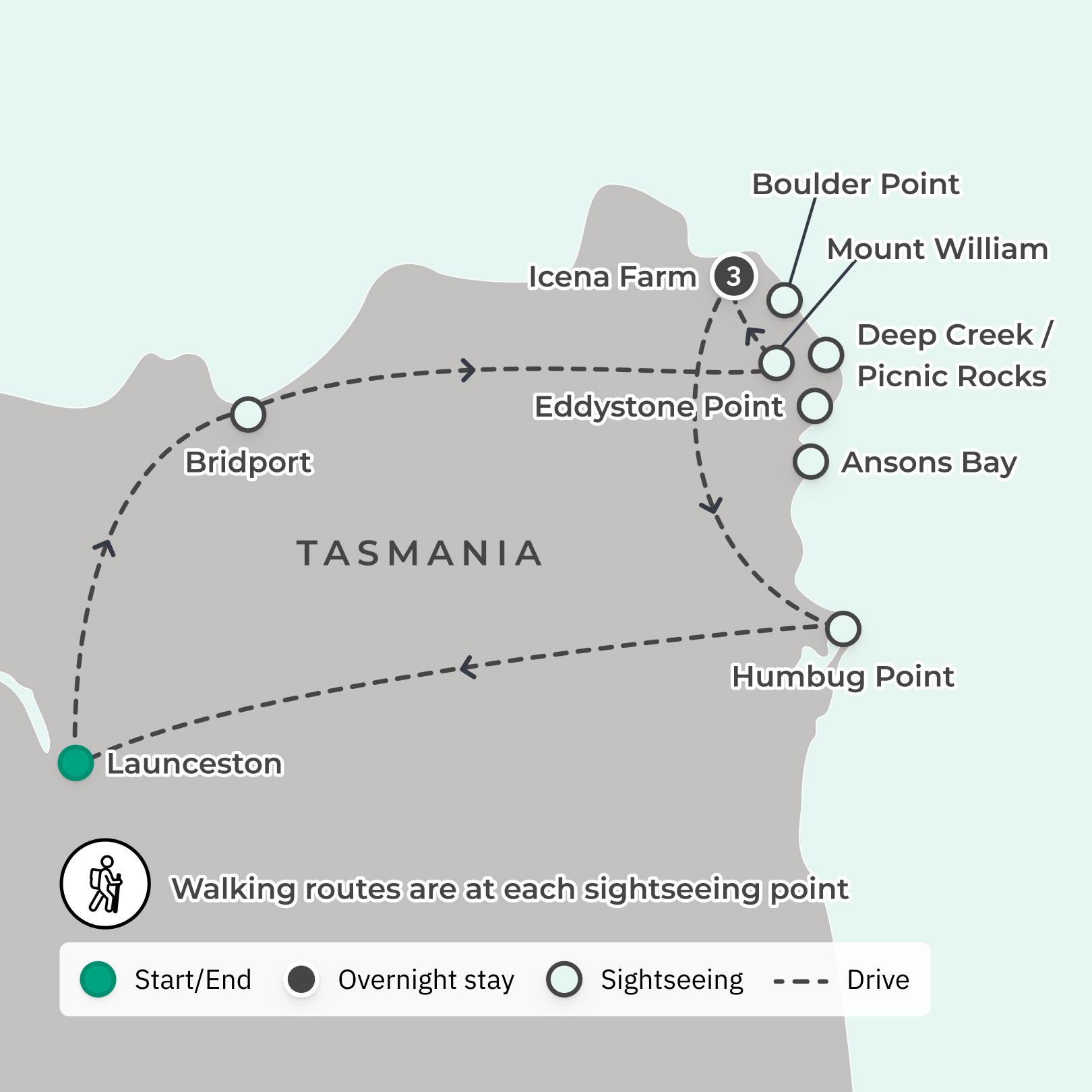 Tasmania: Bay of Fires 2024 Small-Group Hiking Tour with Boutique Farmhouse Stay, Ansons Bay & Eddystone Point Lighthouse route map