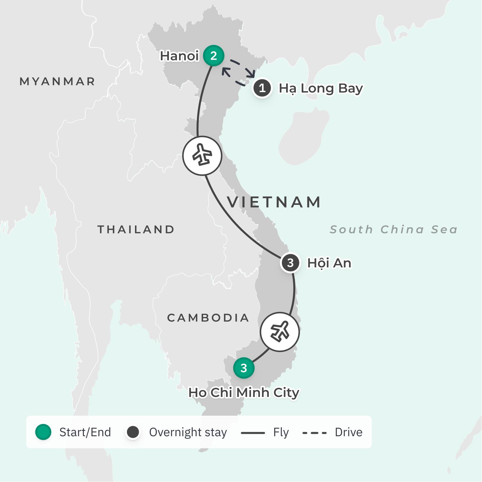 Vietnam: Ho Chi Minh to Hanoi Tour with Domestic Flights, Ha Long Bay Cruise, Hoi An Old Town Visit & Cu Chi Tunnels route map
