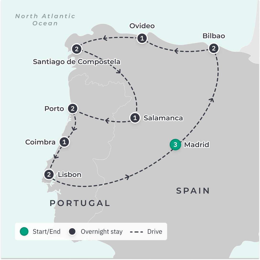 Northern Spain & Portugal 2024 Small-Group Guided Tour with Douro River Cruise & Rioja Wine Tasting route map