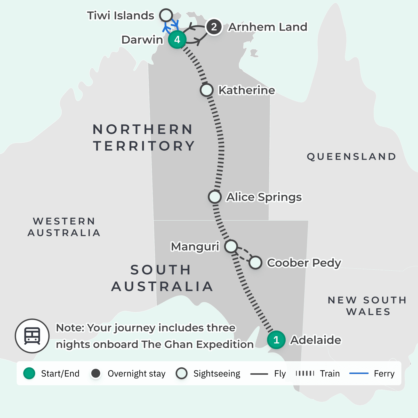 The Ghan Expedition from Darwin to Adelaide with Arnhem Land & Tiwi Islands Outback Adventure route map