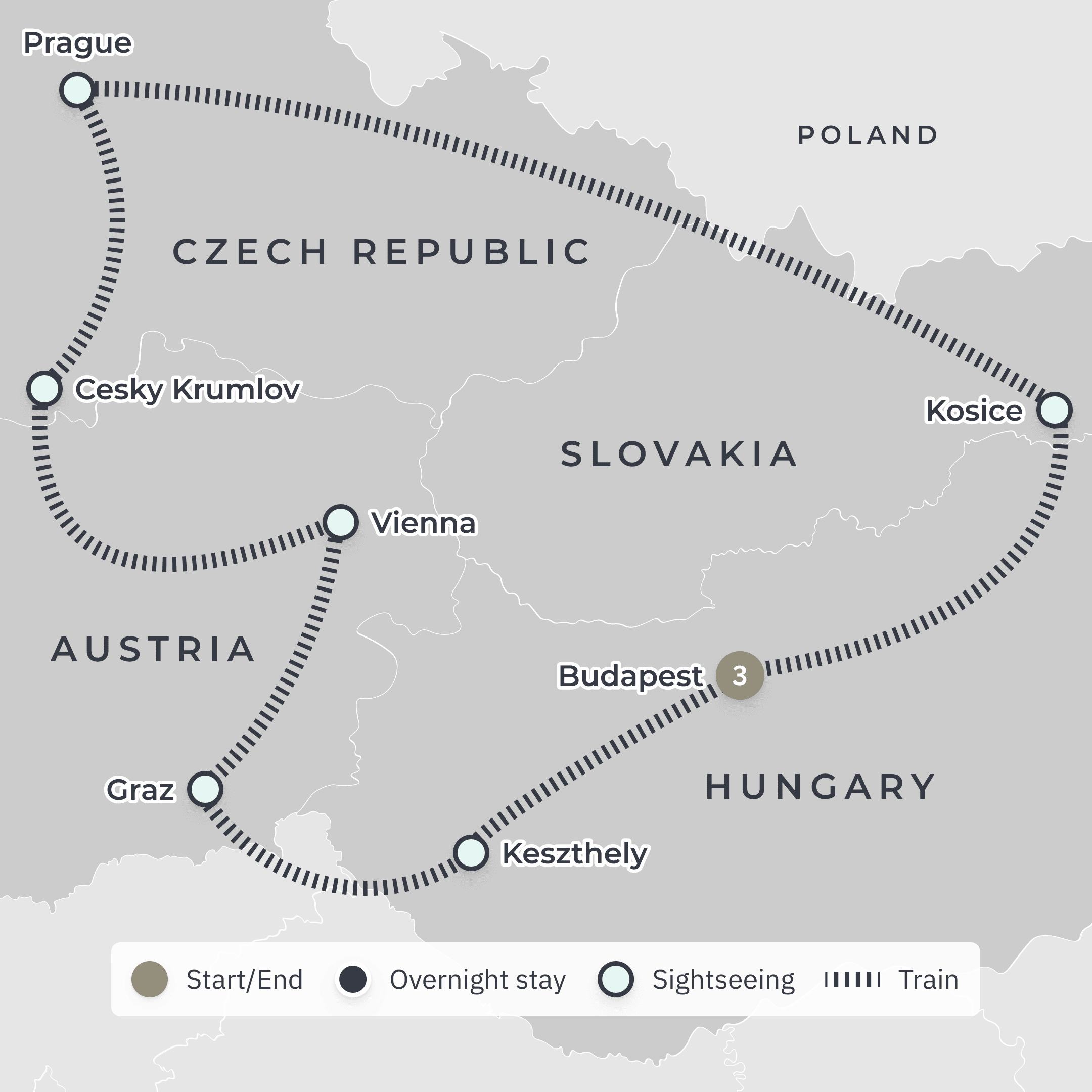 New Year in Vienna 2024 & 2025: Ultra Lux Golden Eagle Rail Journey with Exclusive NYE Gala, Private Concert & Four Seasons Stay route map