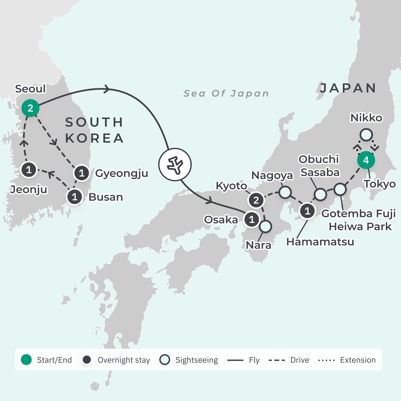 Nikko Extension with Full-Day Tour + South Korea & Japan Discovery with Bullet Train Transfers & Internal Flights route map